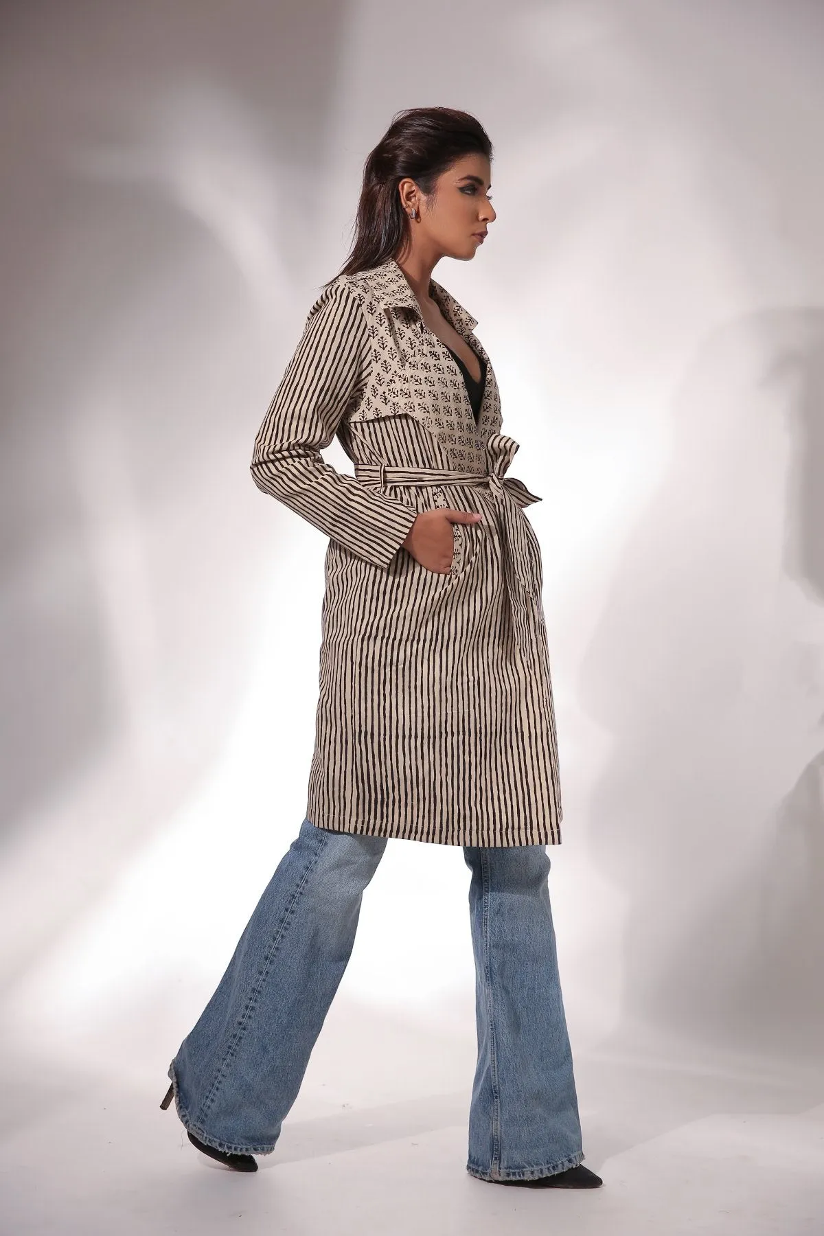 Beige Block Print Trench Coat with Belt