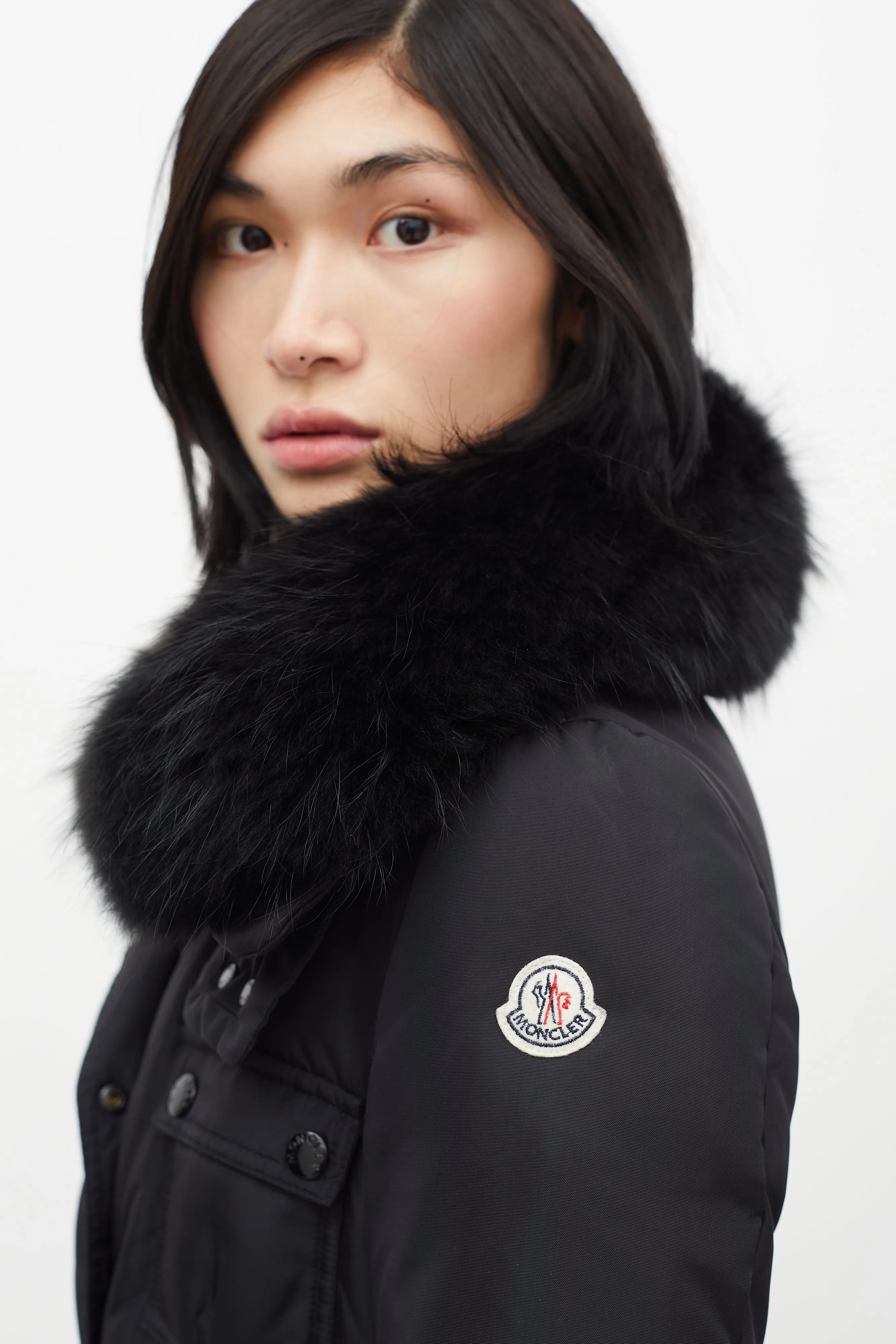 Black Loup Fur Collar Belted Down Jacket