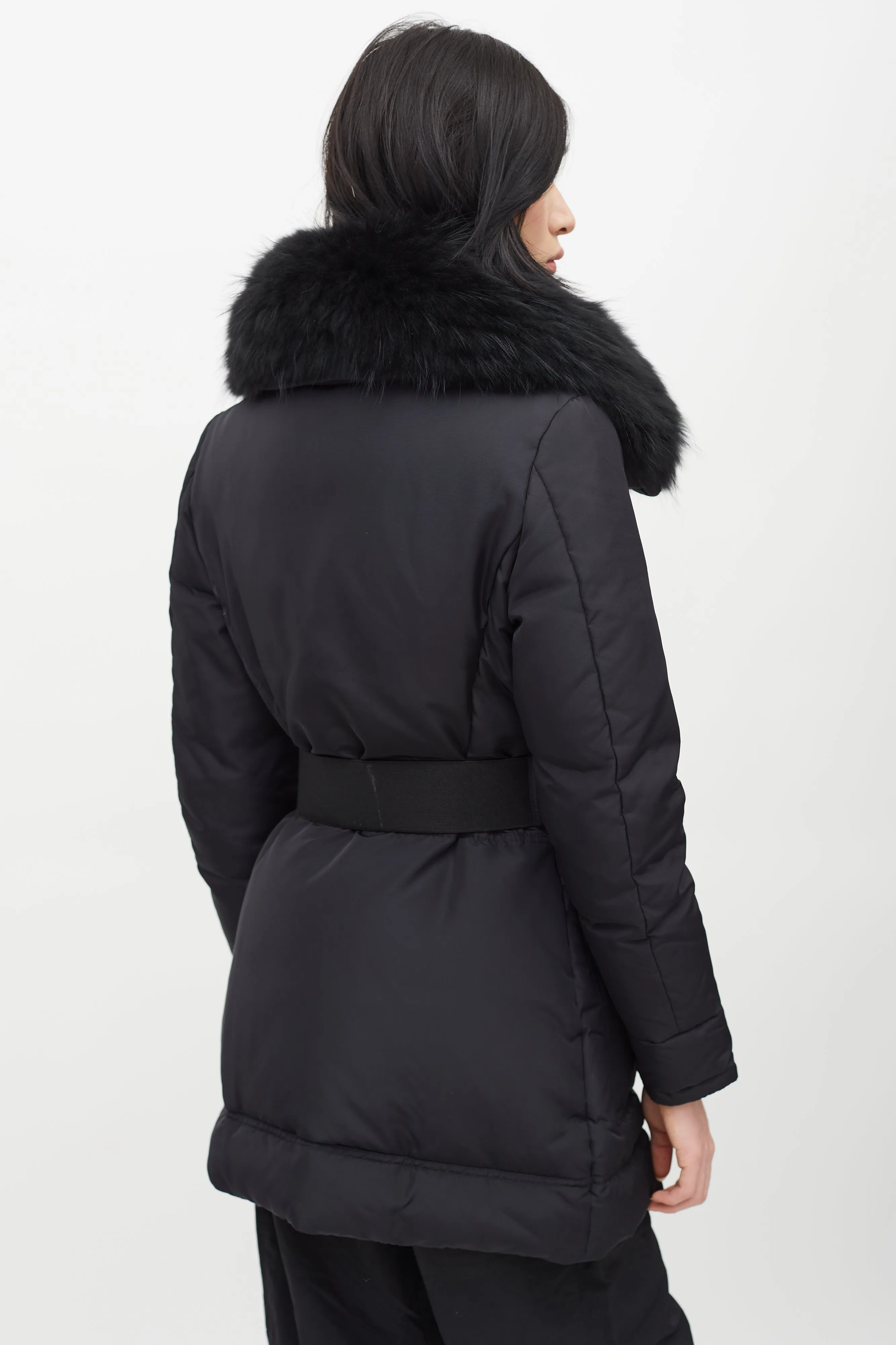 Black Loup Fur Collar Belted Down Jacket