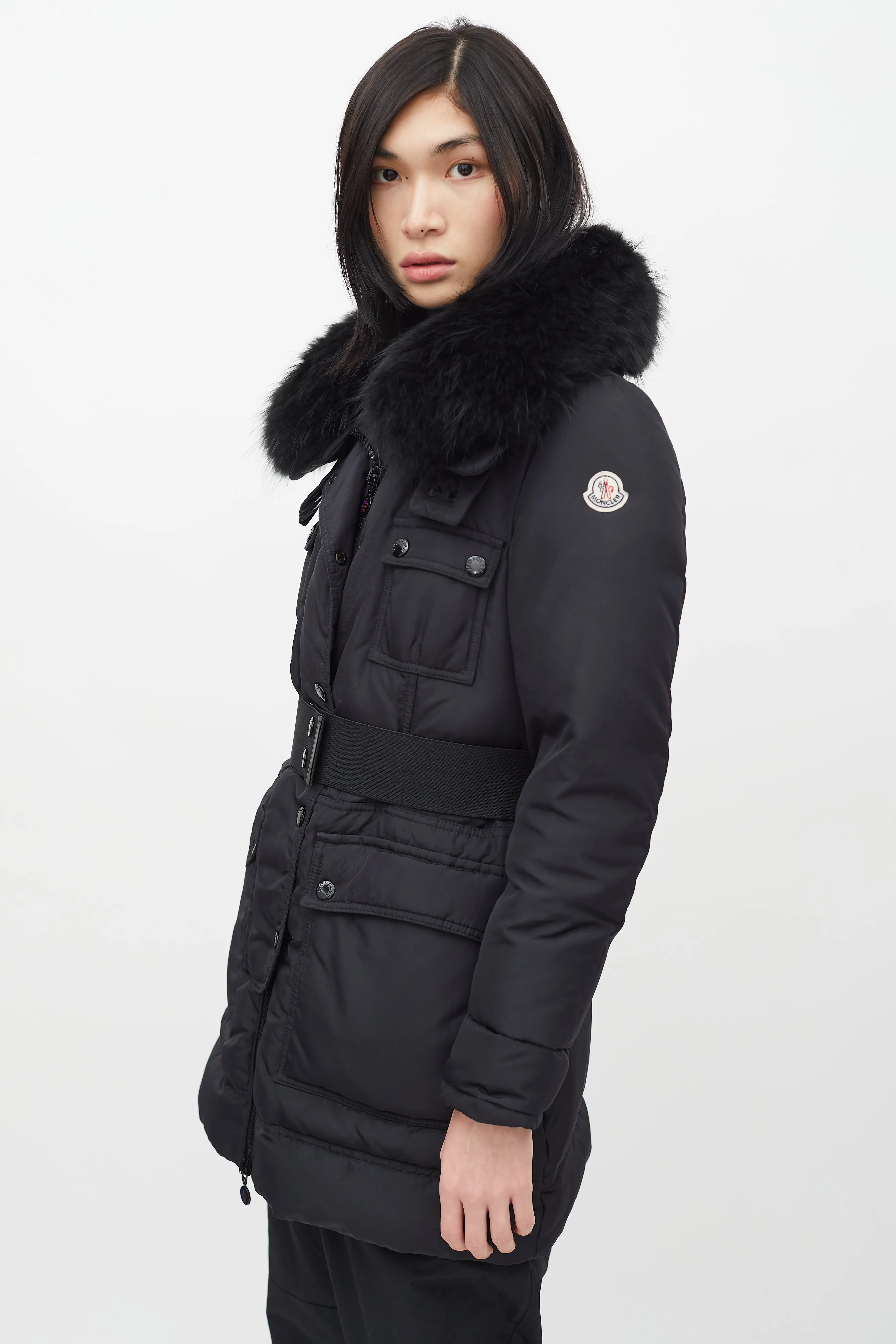 Black Loup Fur Collar Belted Down Jacket