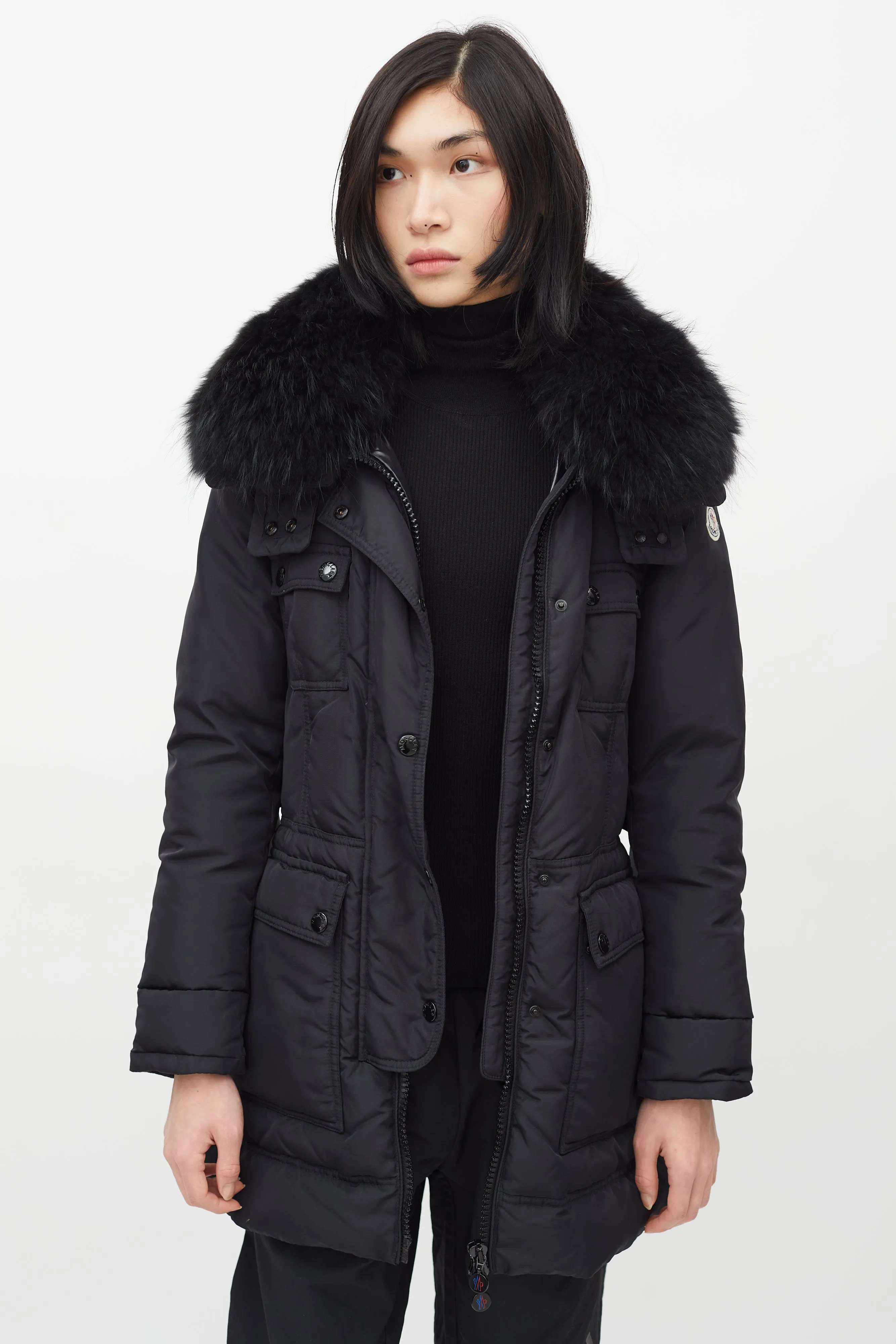 Black Loup Fur Collar Belted Down Jacket