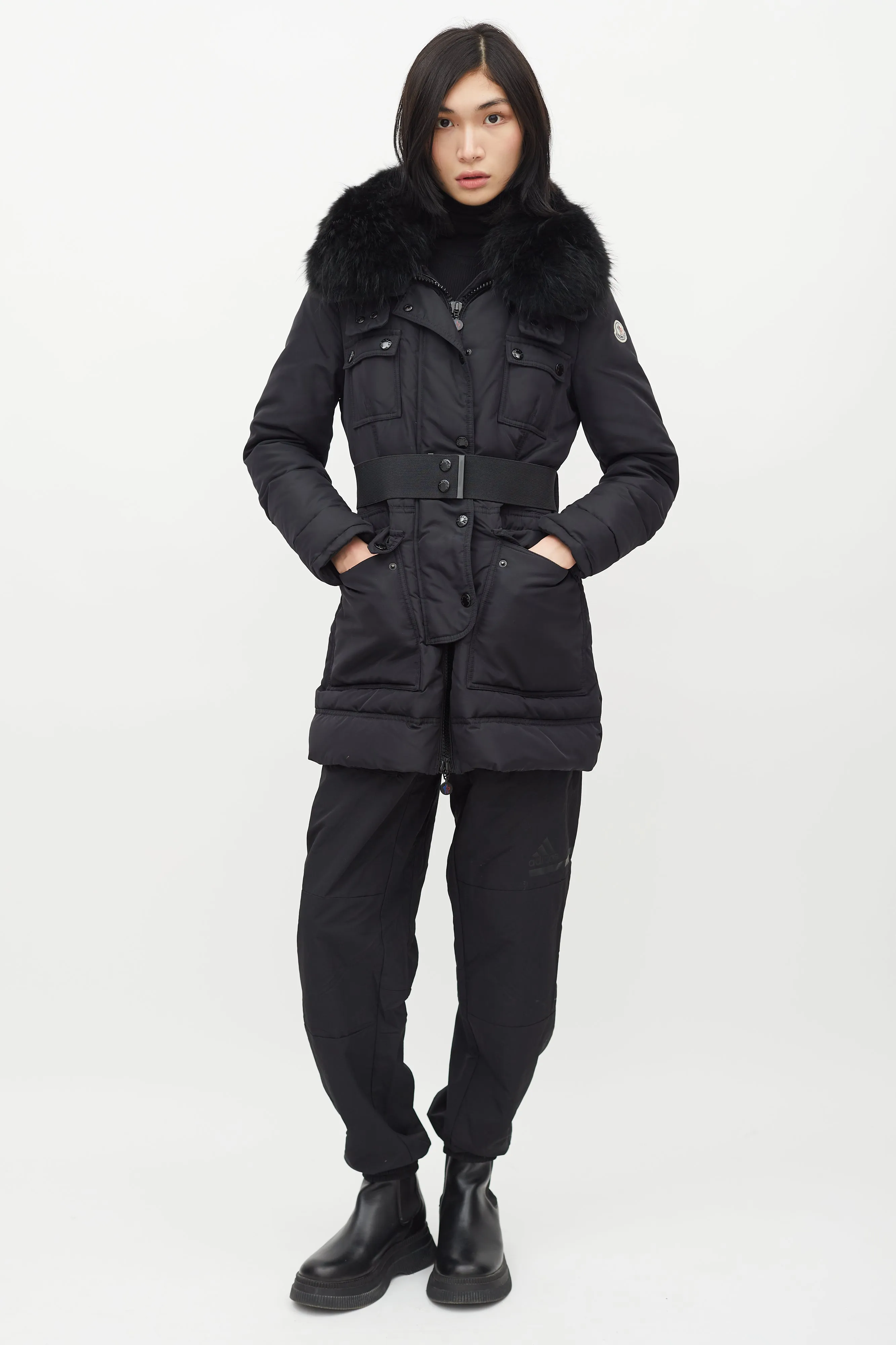 Black Loup Fur Collar Belted Down Jacket