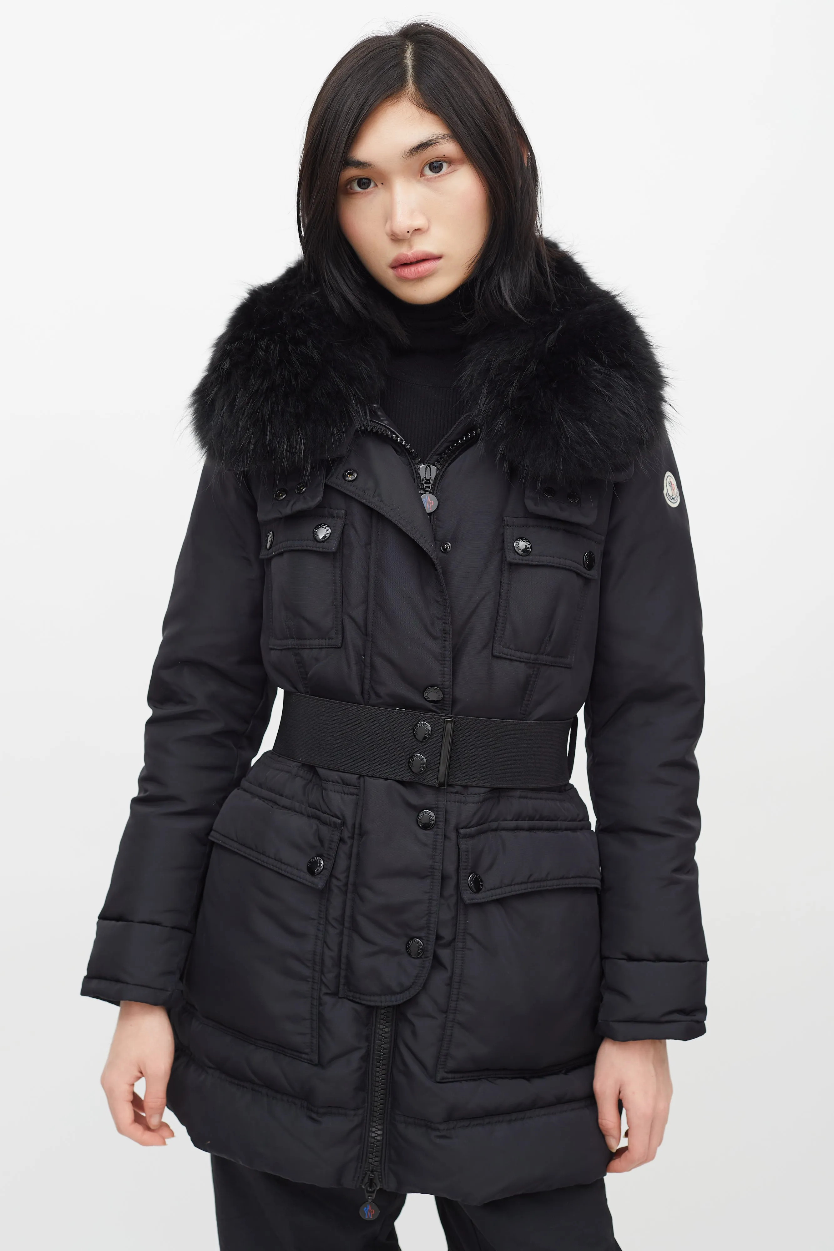 Black Loup Fur Collar Belted Down Jacket