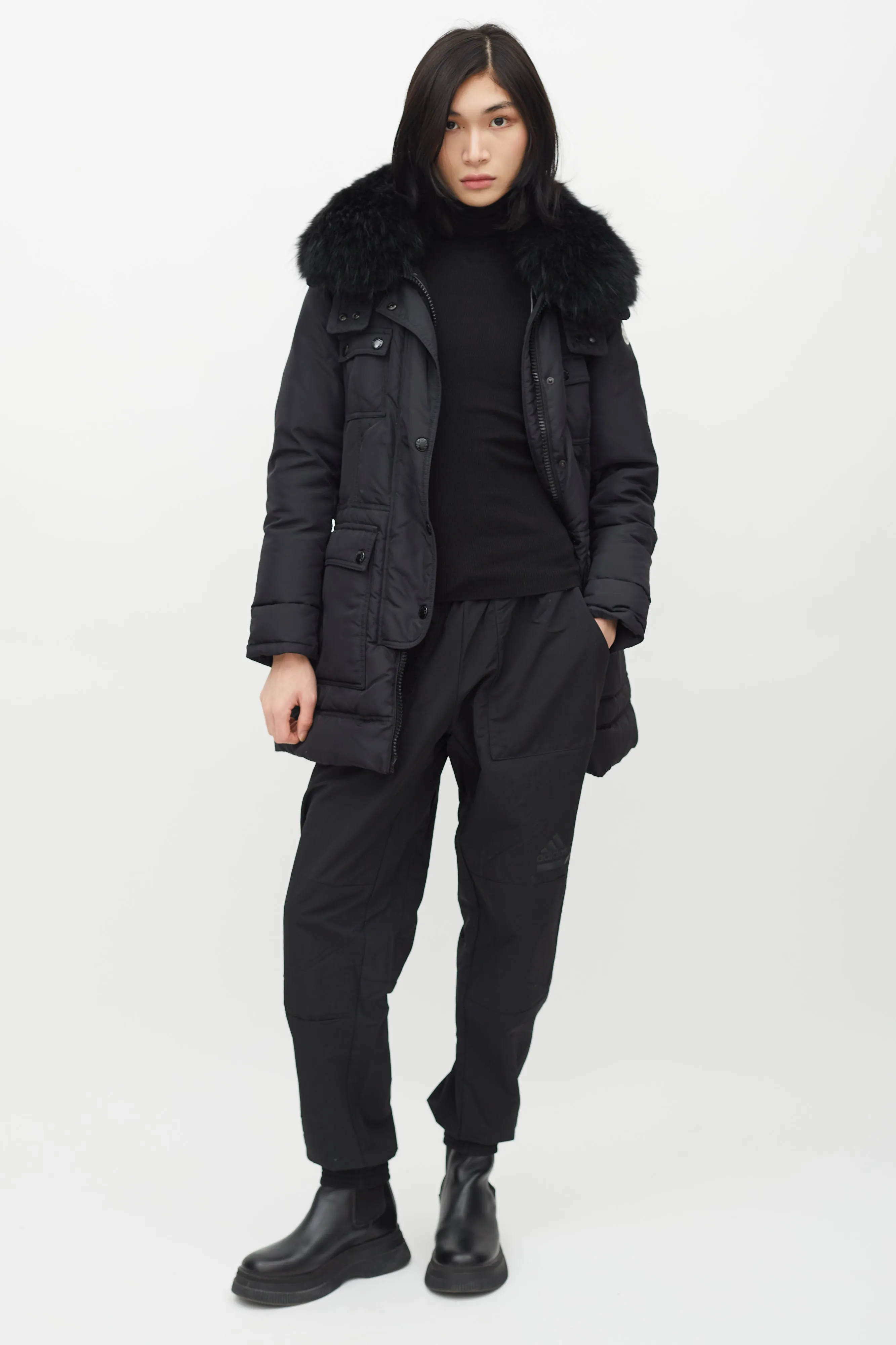 Black Loup Fur Collar Belted Down Jacket