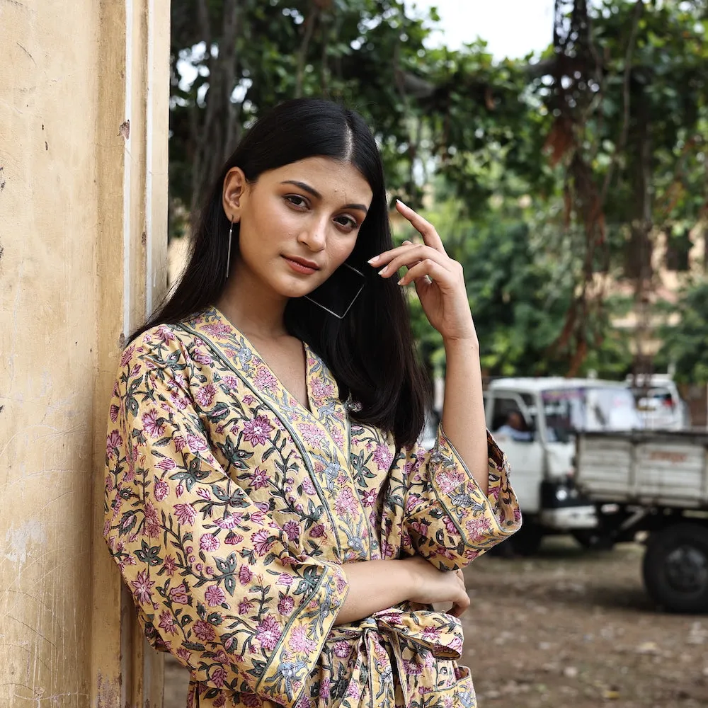 Block Printed Robe and Matching Bag in Daisy