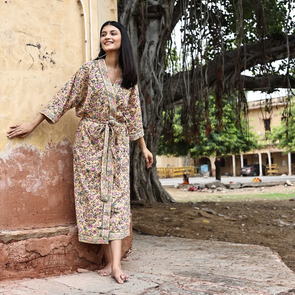 Block Printed Robe and Matching Bag in Daisy