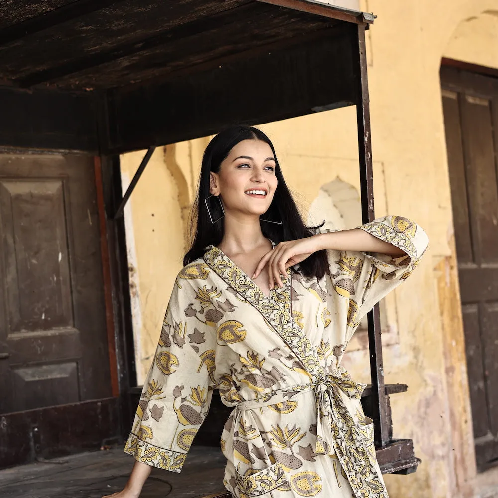 Block Printed Robe and Matching Bag in Flax