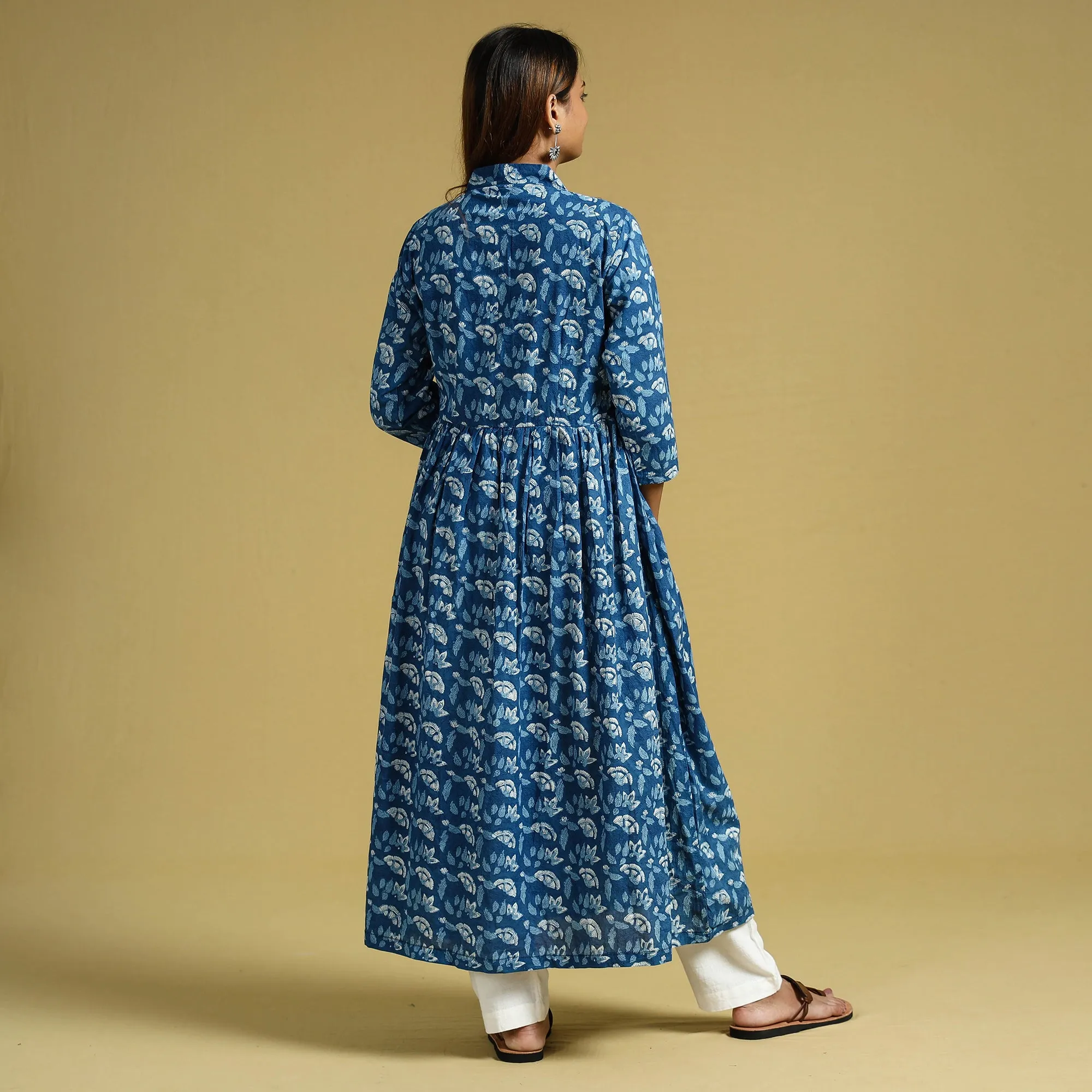 Blue - Dabu Block Printed Cotton Flared Gher Dress