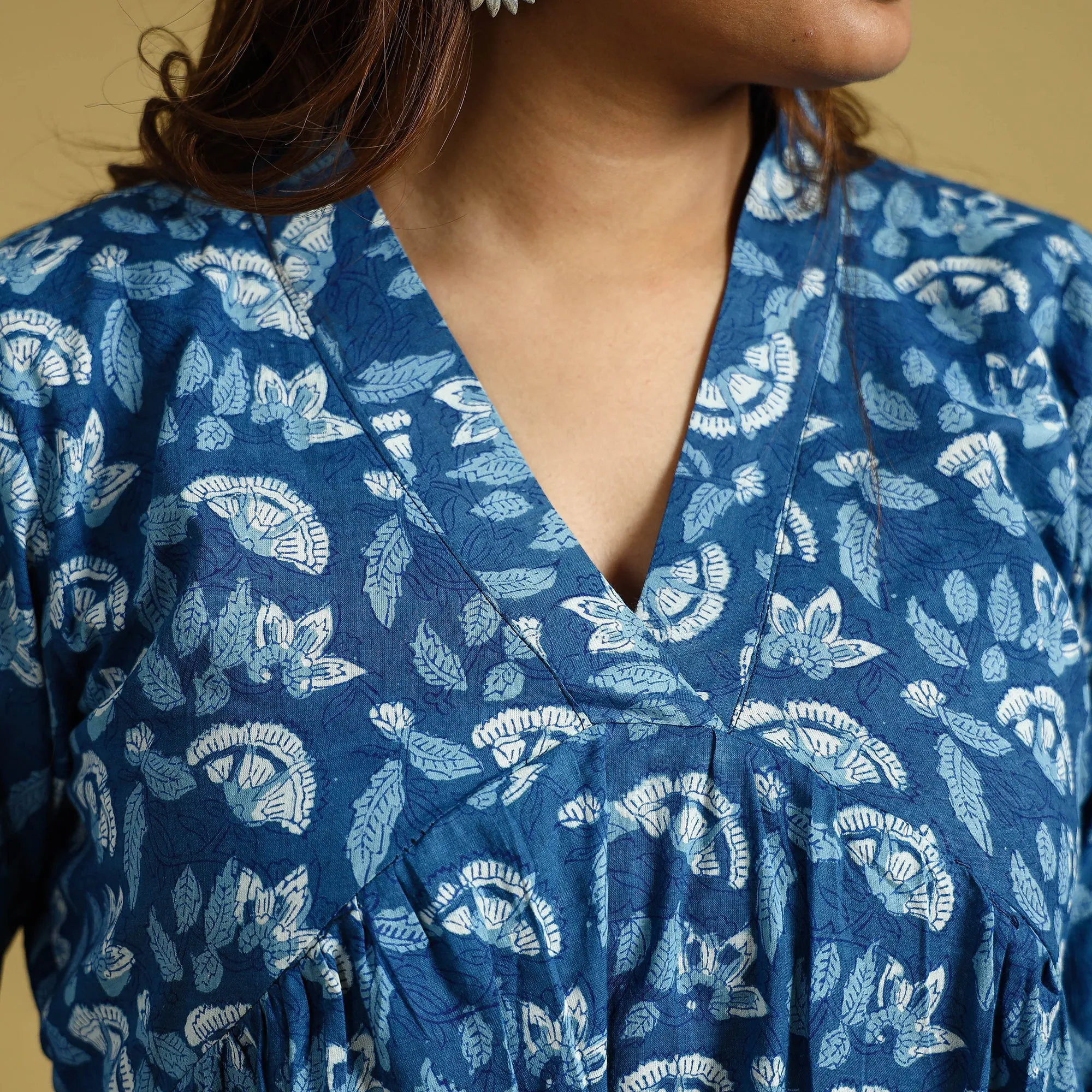 Blue - Dabu Block Printed Cotton Flared Gher Dress