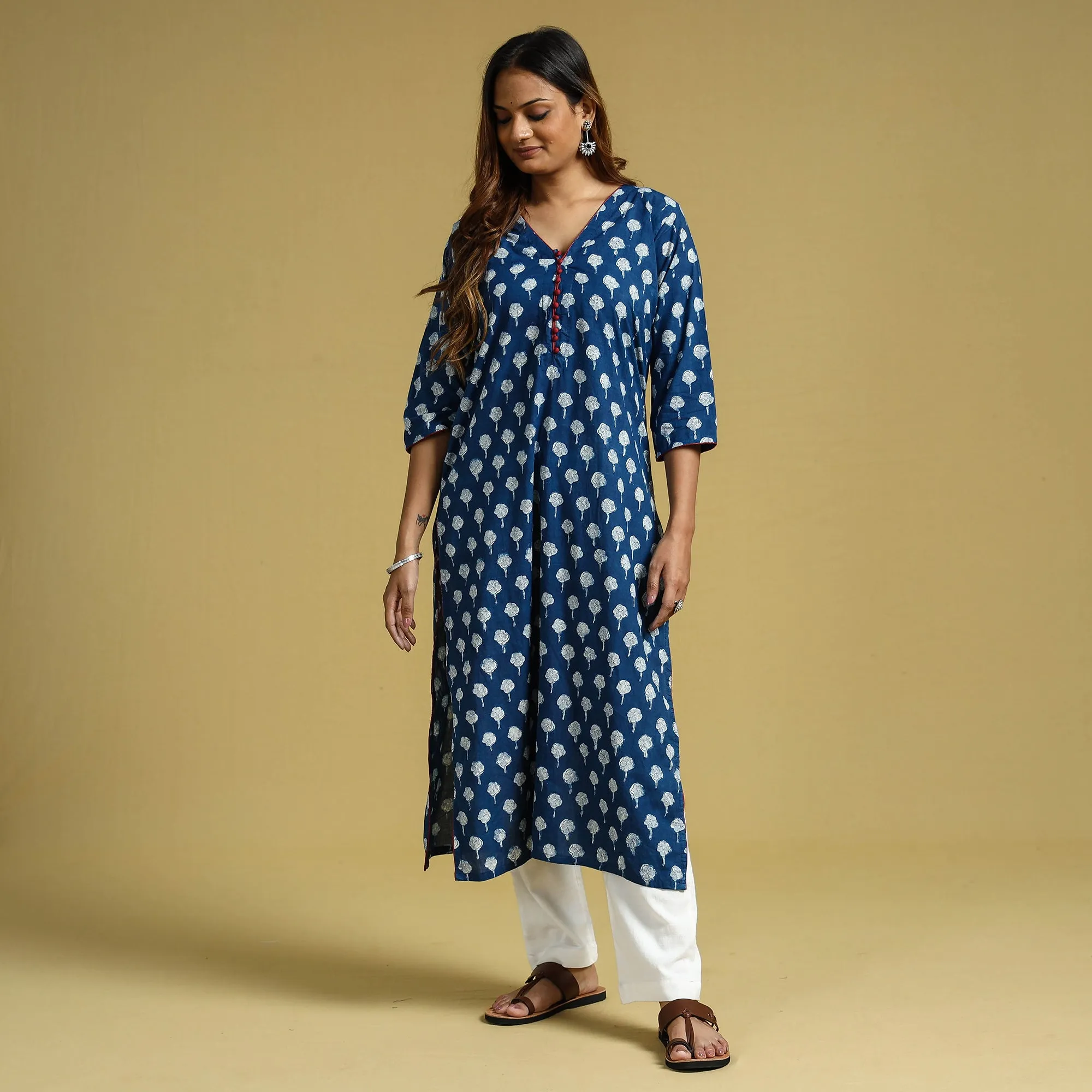 Blue - Dabu Block Printed Cotton Straight Long Kurta