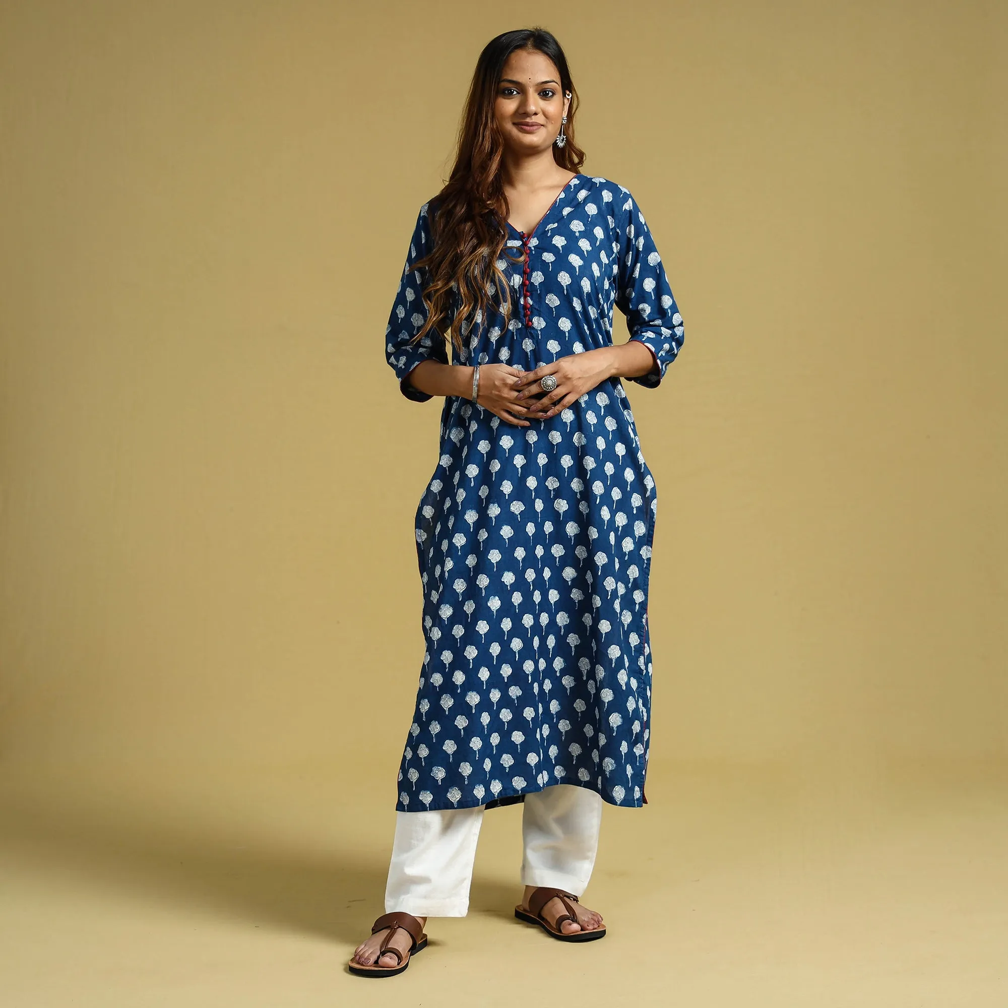 Blue - Dabu Block Printed Cotton Straight Long Kurta