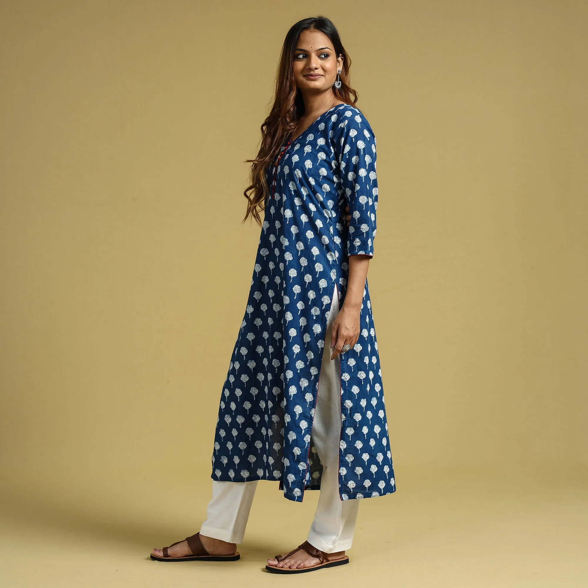 Blue - Dabu Block Printed Cotton Straight Long Kurta