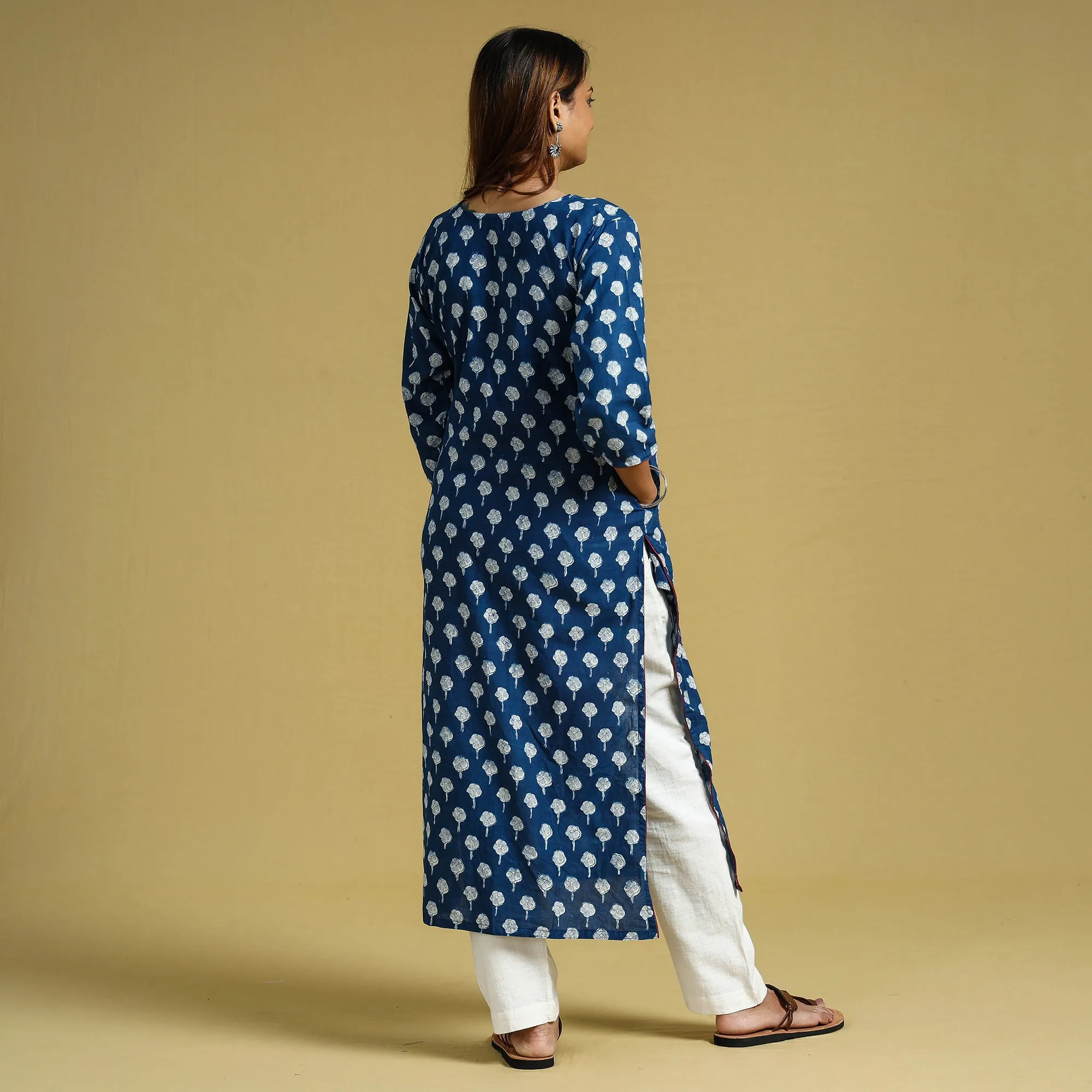 Blue - Dabu Block Printed Cotton Straight Long Kurta