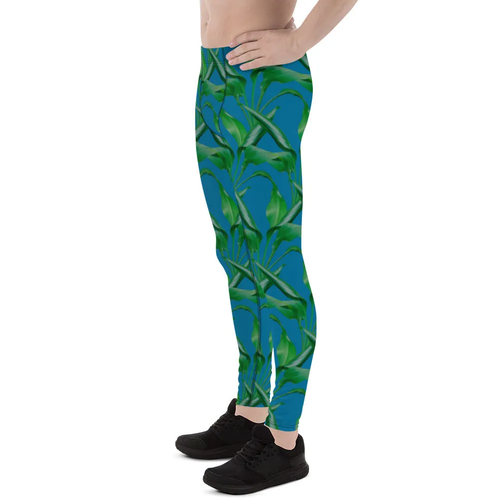 Blue Green Tropical Men's Leggings, Best Men's Leggings, Tropical Leaves Print Designer Running Compression Tights For Men - Made in USA/EU/MX