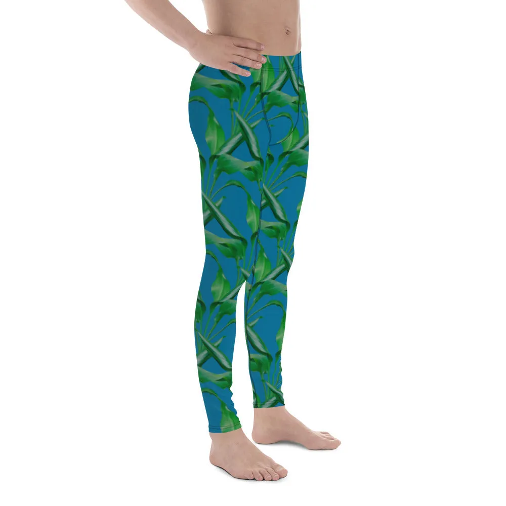 Blue Green Tropical Men's Leggings, Best Men's Leggings, Tropical Leaves Print Designer Running Compression Tights For Men - Made in USA/EU/MX