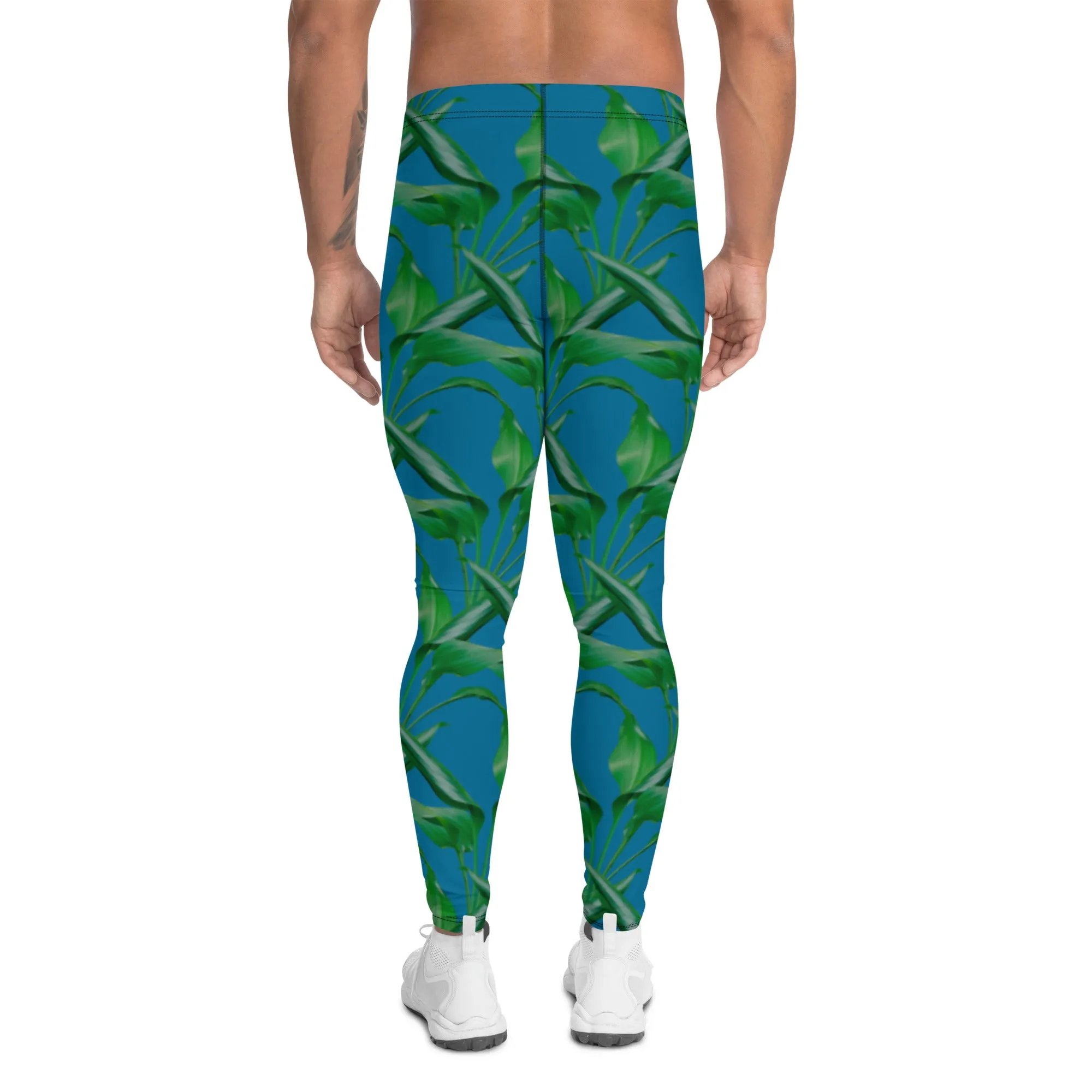 Blue Green Tropical Men's Leggings, Best Men's Leggings, Tropical Leaves Print Designer Running Compression Tights For Men - Made in USA/EU/MX