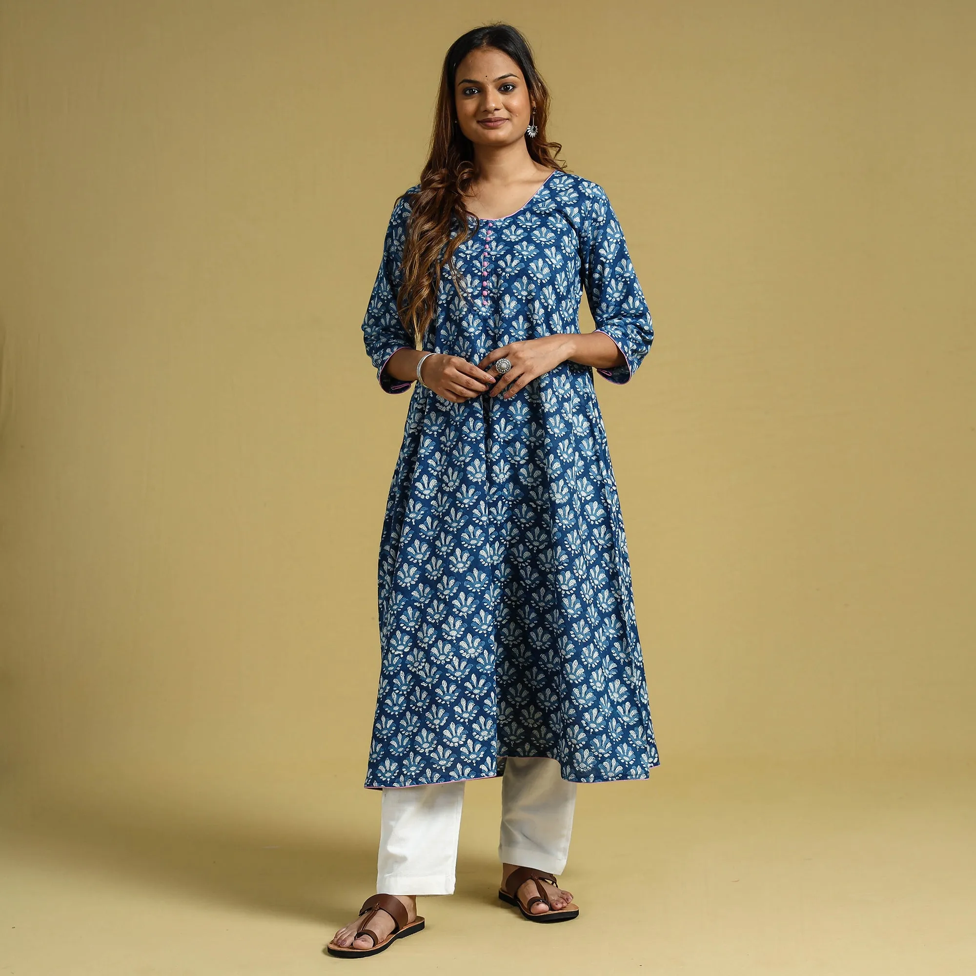 Blue - Indigo Dabu Block Printed Cotton A-Line Long Kurta