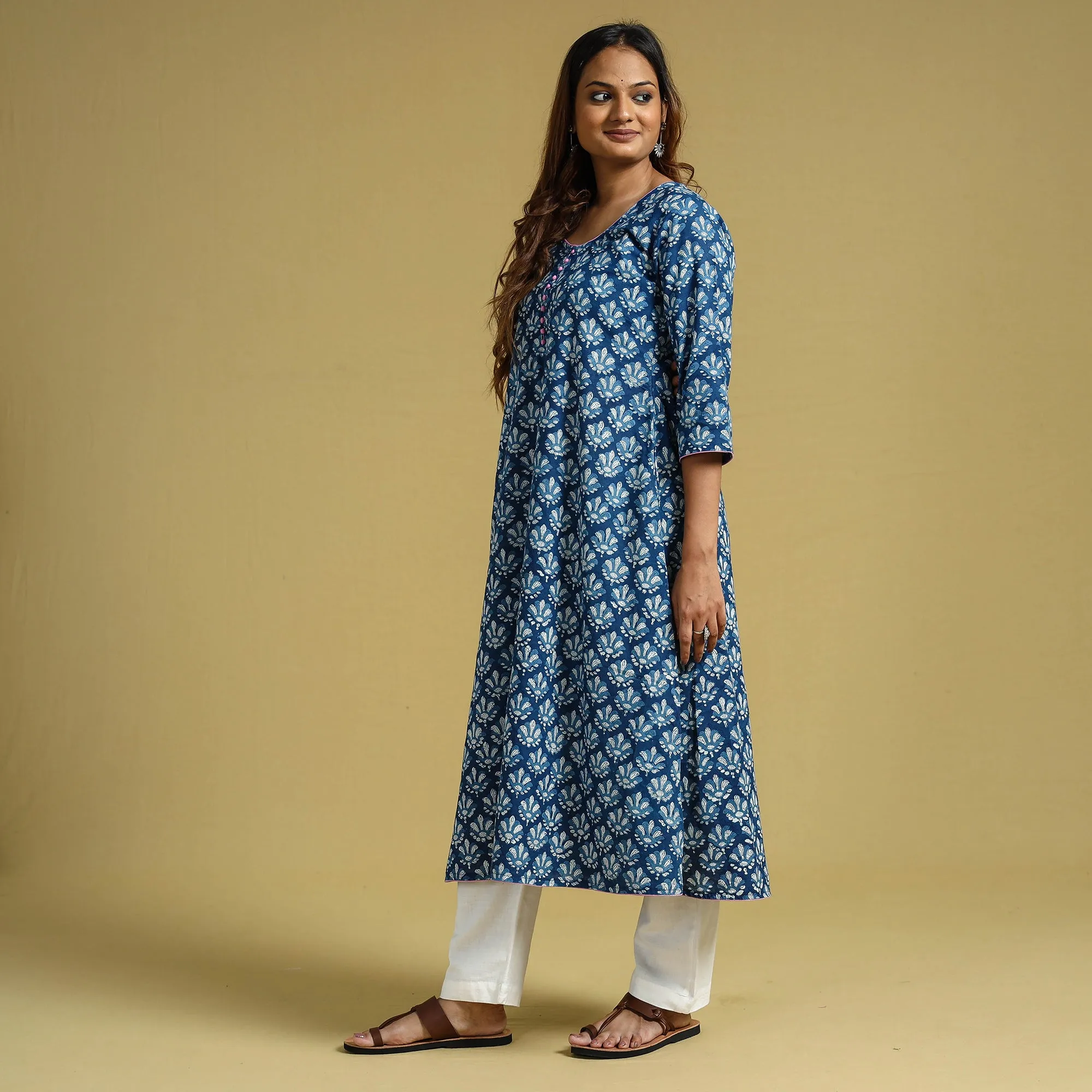 Blue - Indigo Dabu Block Printed Cotton A-Line Long Kurta