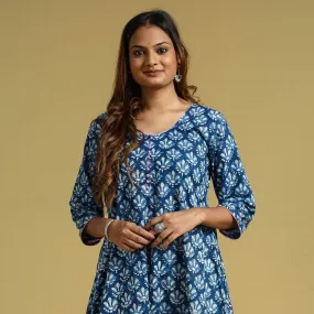 Blue - Indigo Dabu Block Printed Cotton A-Line Long Kurta