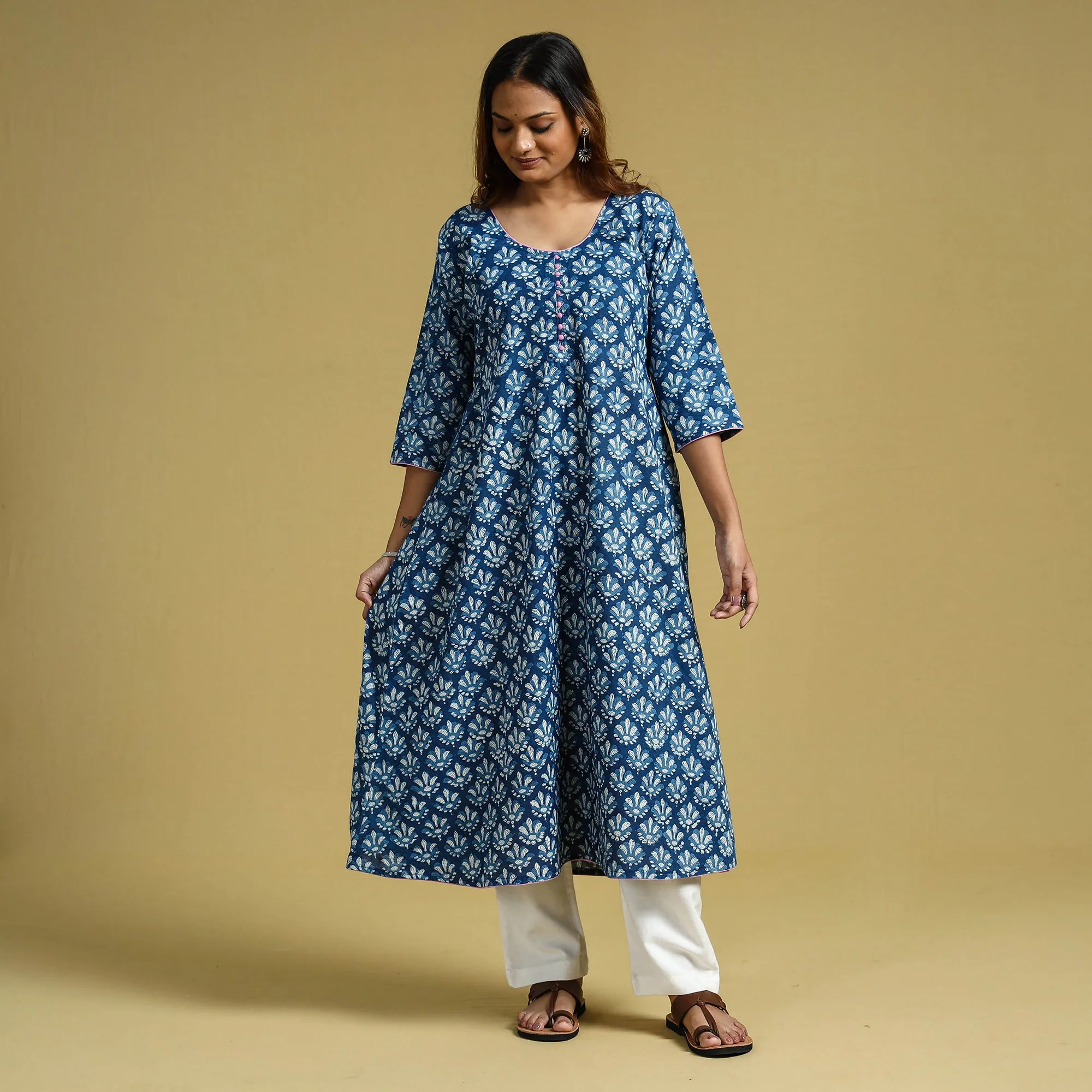 Blue - Indigo Dabu Block Printed Cotton A-Line Long Kurta