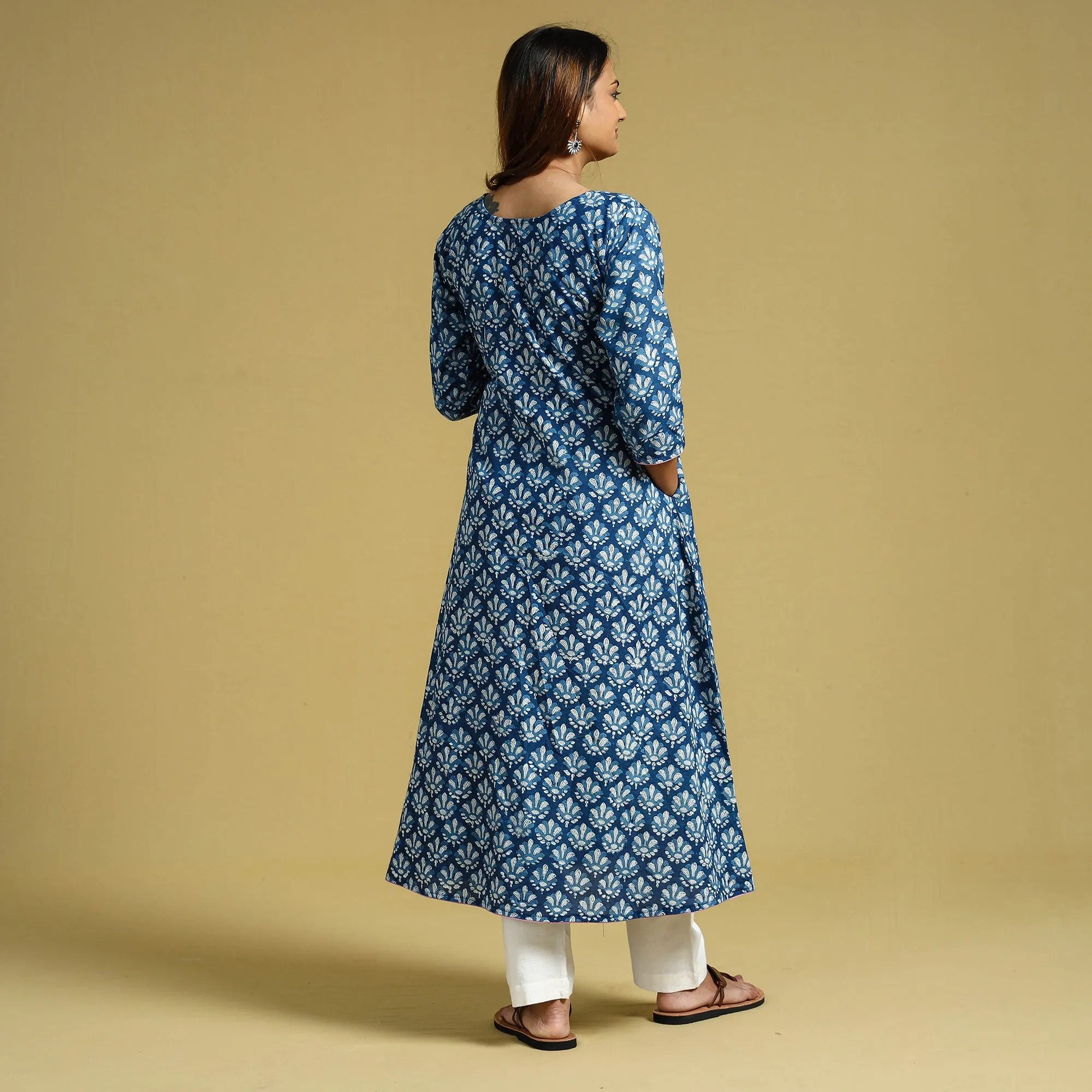 Blue - Indigo Dabu Block Printed Cotton A-Line Long Kurta