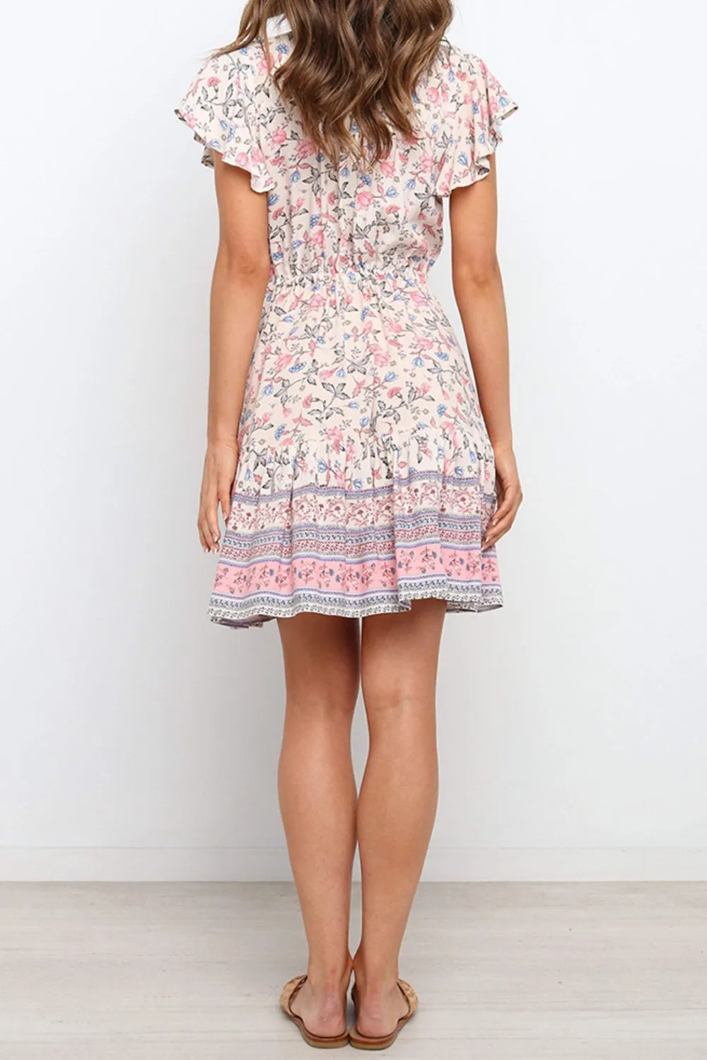 Bohemian Decorative Button Flutter Sleeve Plunge Dress