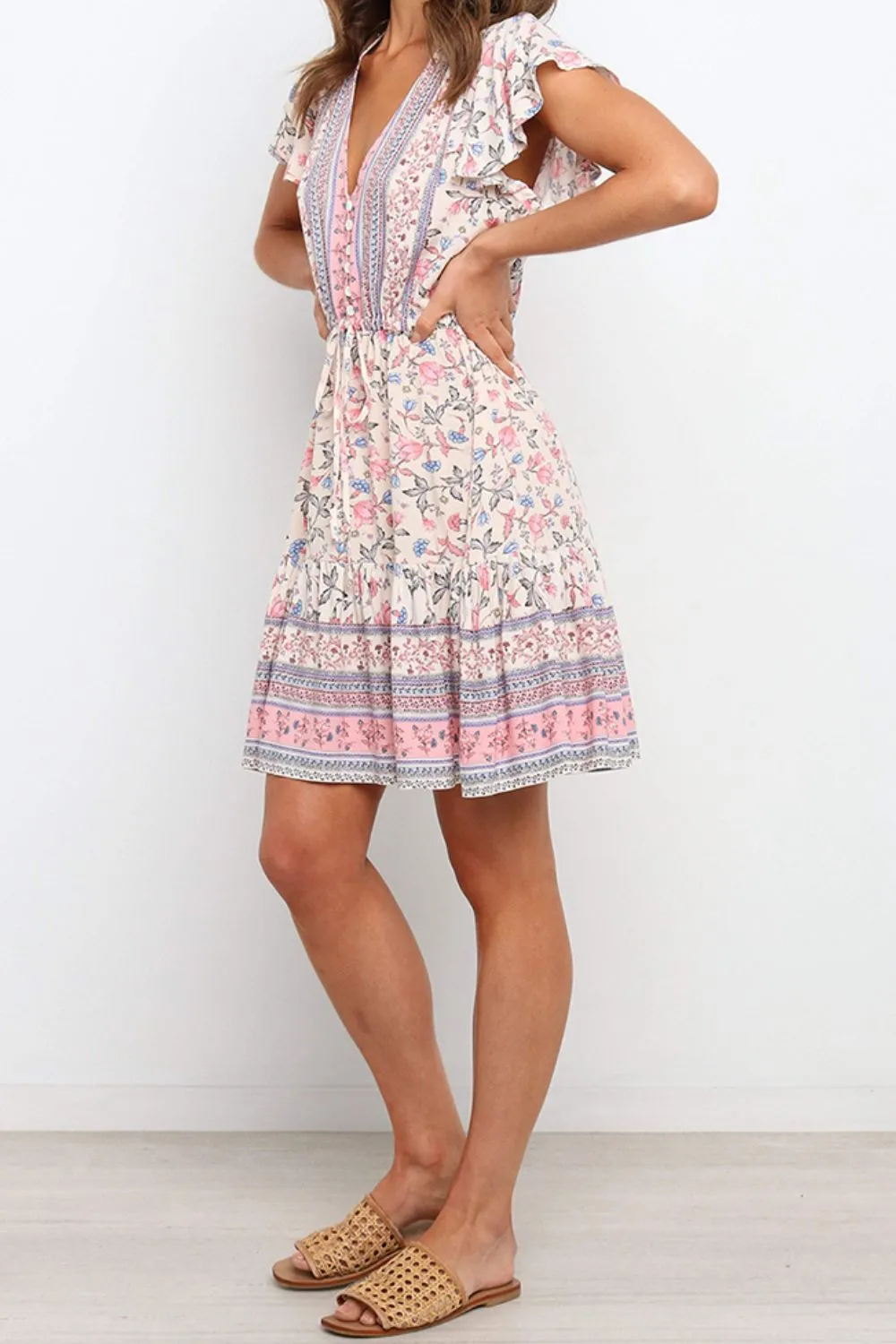 Bohemian Decorative Button Flutter Sleeve Plunge Dress