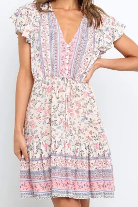 Bohemian Decorative Button Flutter Sleeve Plunge Dress