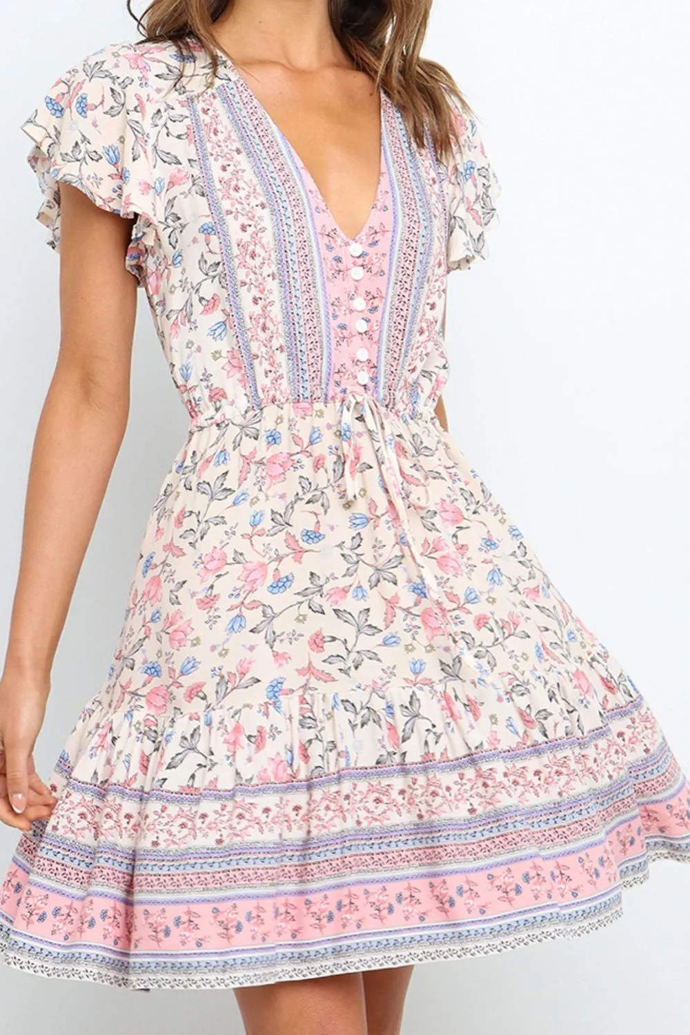 Bohemian Decorative Button Flutter Sleeve Plunge Dress