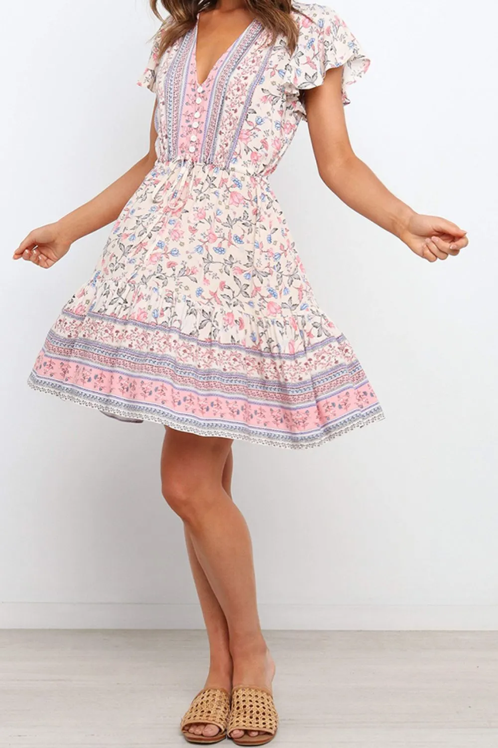 Bohemian Decorative Button Flutter Sleeve Plunge Dress