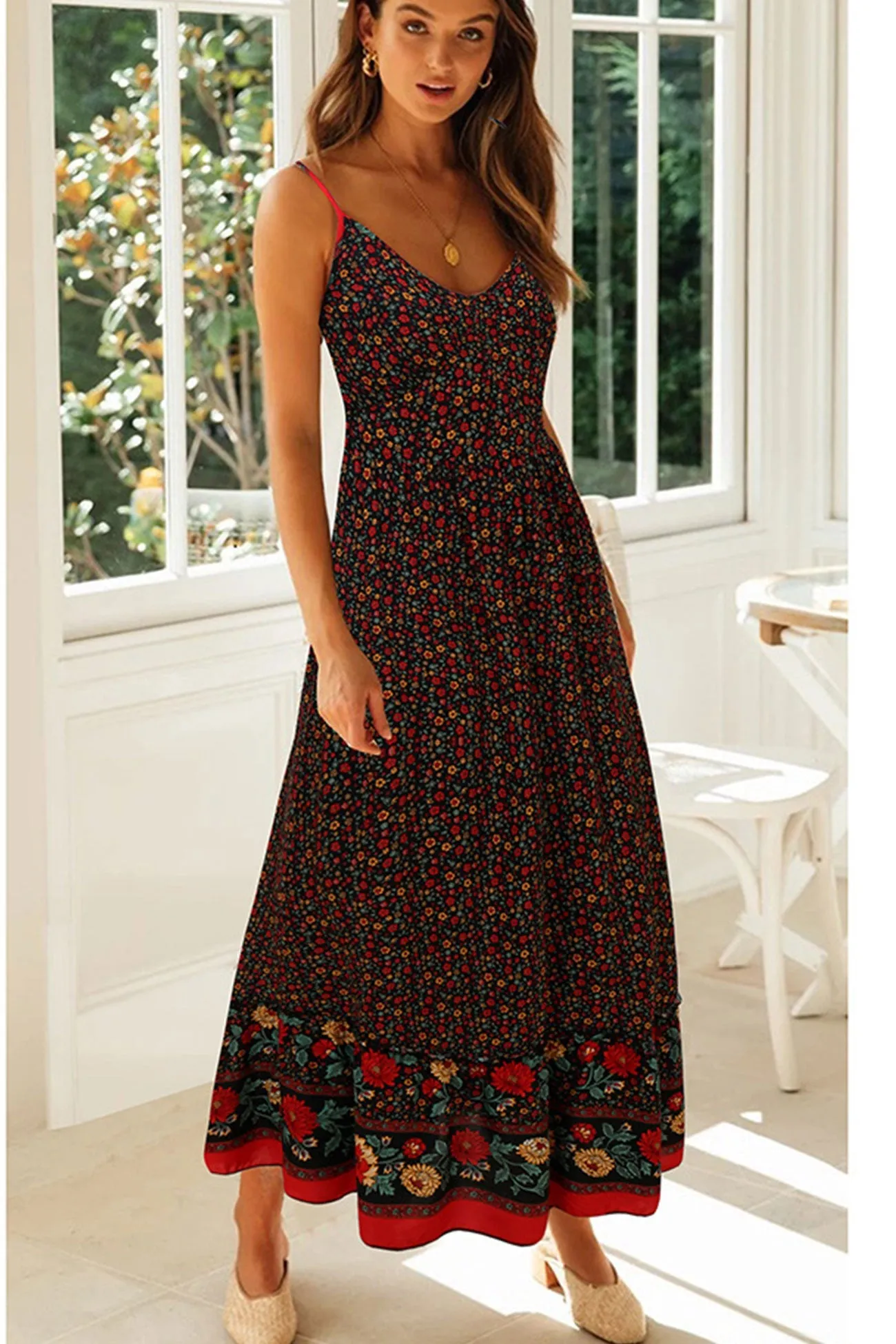 Bohemian V Neck Floral Maxi Dress