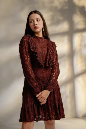 Brown Lace full sleeves Structured Mini Dress