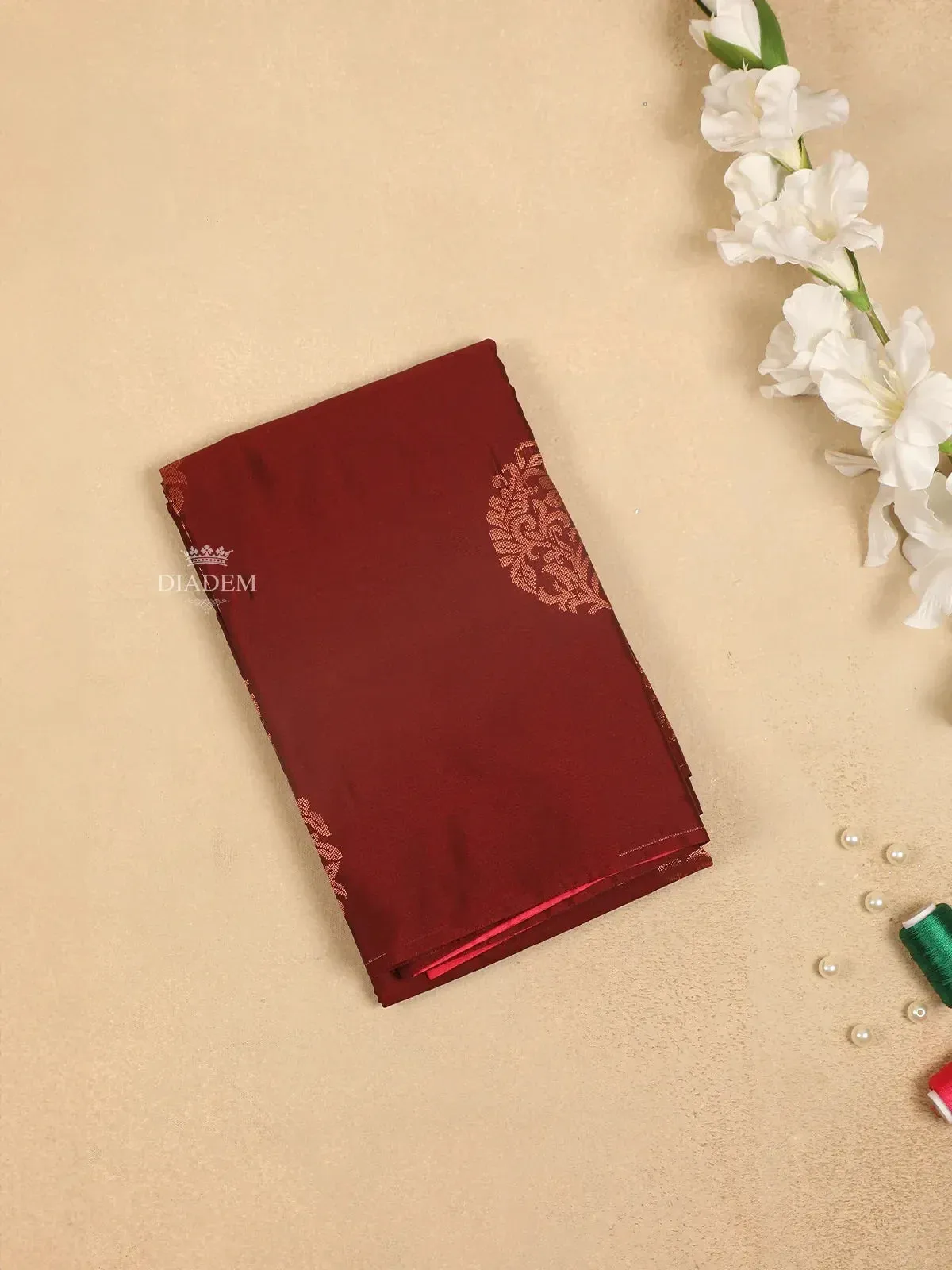 Brown Silk Saree with Round Flower Motif on the Body and without Border