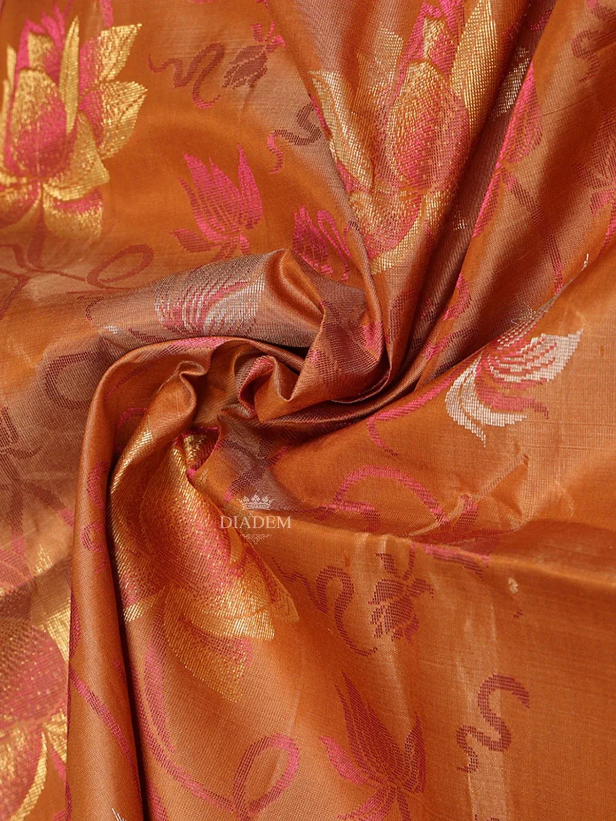 Brown Soft Silk Saree with Floral and Leaf Design on the Body and without Border