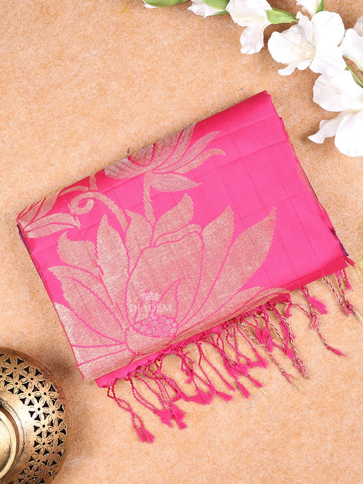 Brown Soft Silk Saree with Floral and Leaf Design on the Body and without Border