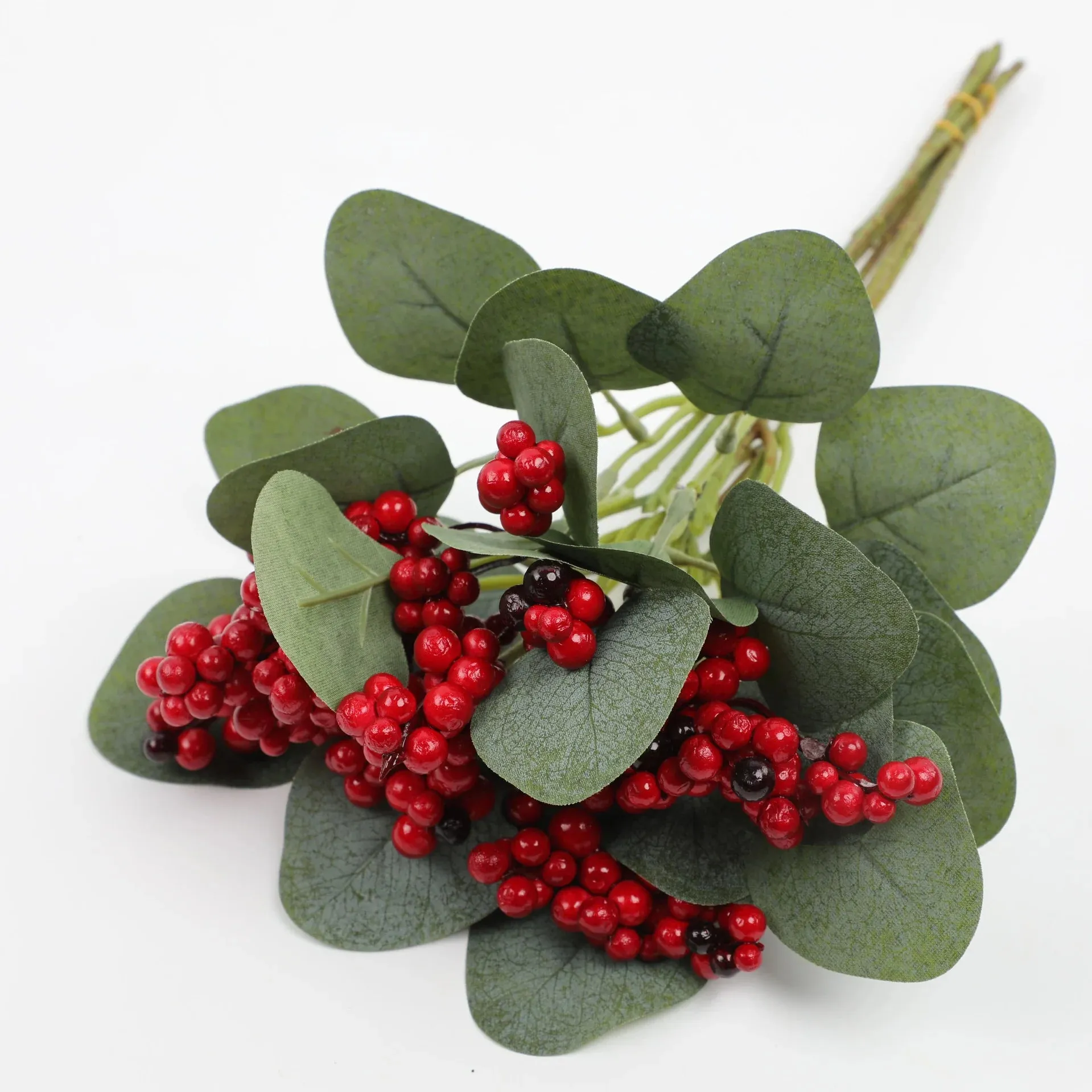 Bulk 6pcs Holly Berry Stems with Green Leaves Artificial Xmas Stems Wholesale