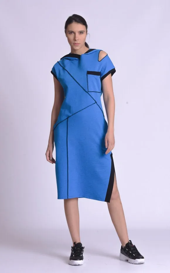 Casual Hooded Knee Length Blue Dress