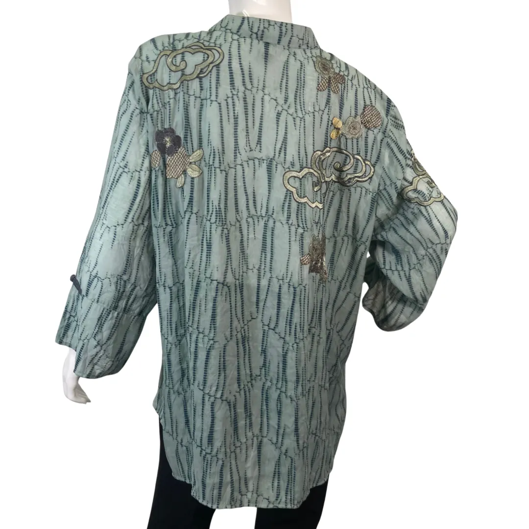 Citron Turquoise Blouse with Embroidered Flowers