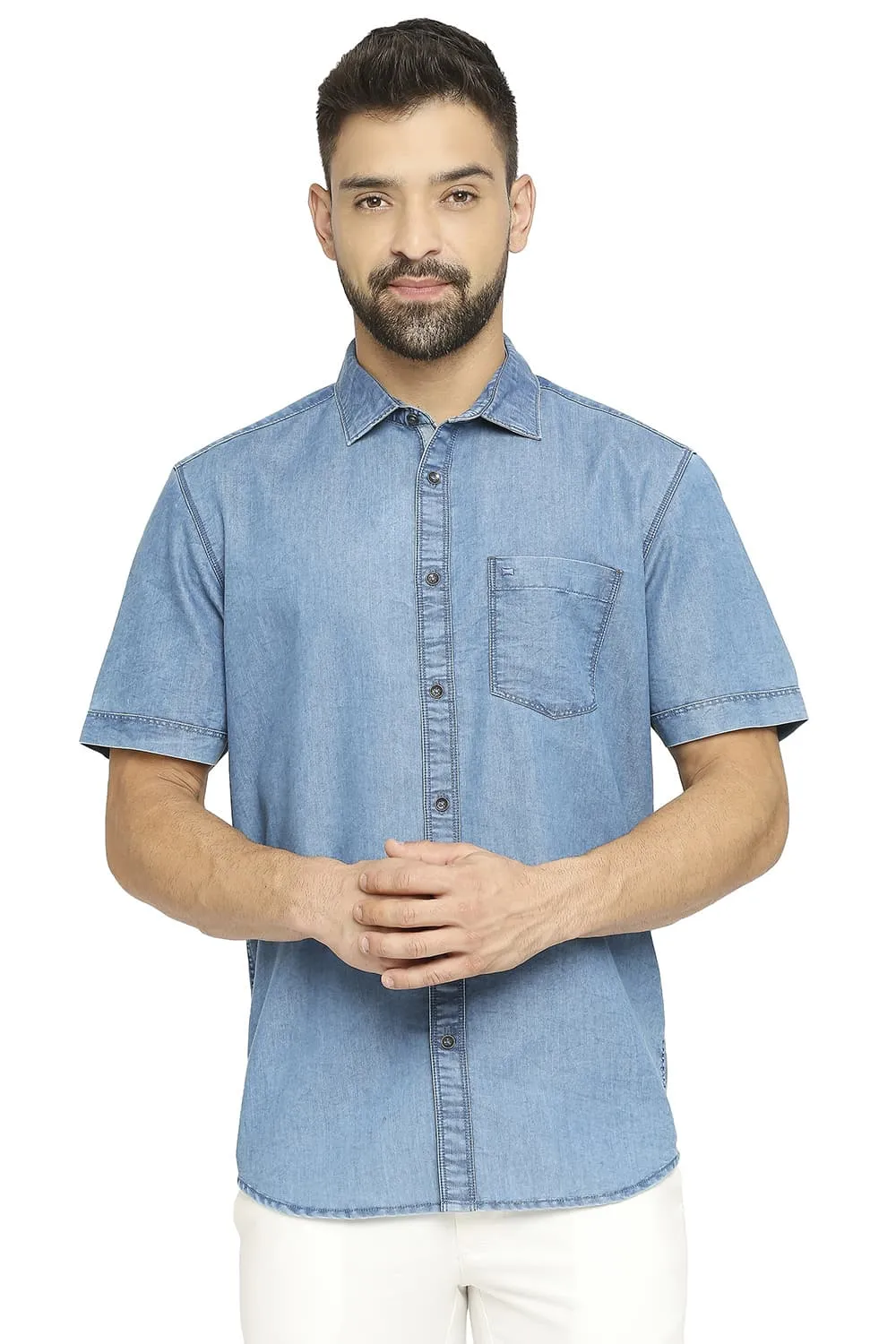 Cotton Polyester Indigo Halfsleeves Shirt