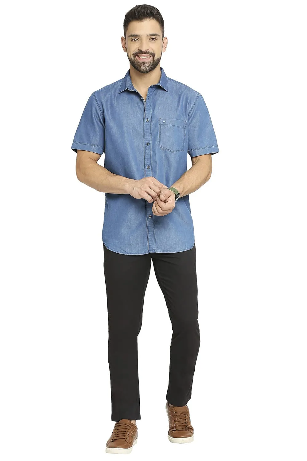 Cotton Polyester Indigo Halfsleeves Shirt