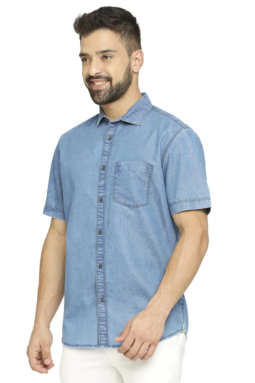 Cotton Polyester Indigo Halfsleeves Shirt