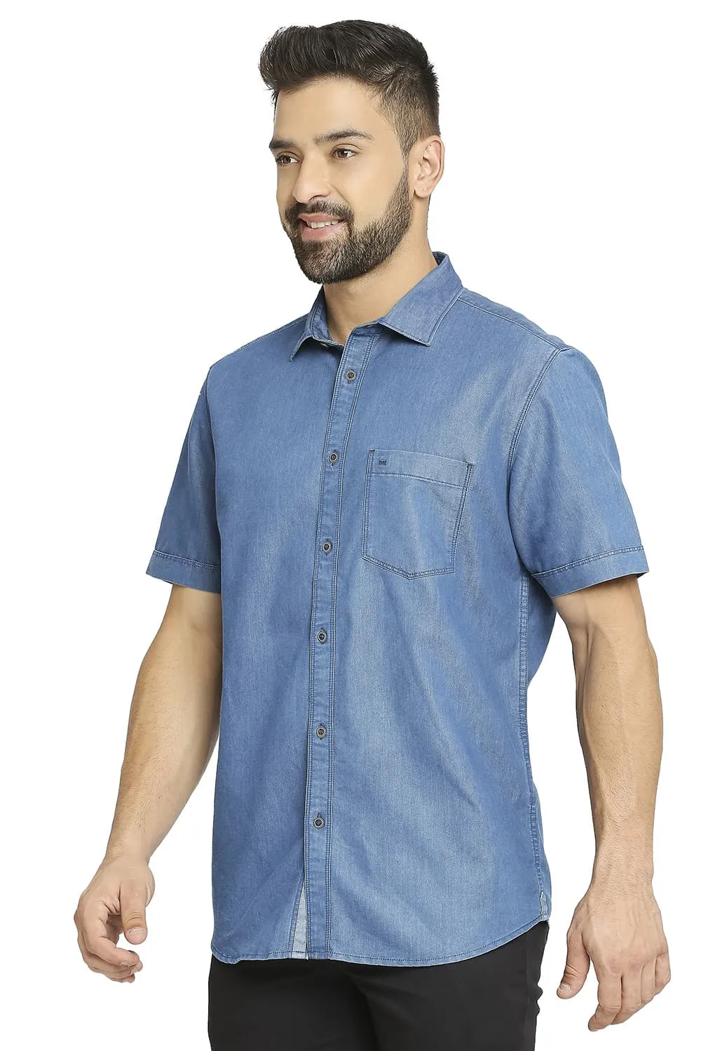 Cotton Polyester Indigo Halfsleeves Shirt