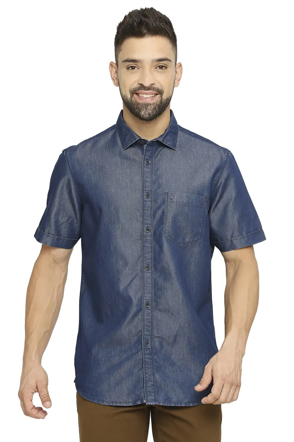 Cotton Polyester Indigo Halfsleeves Shirt