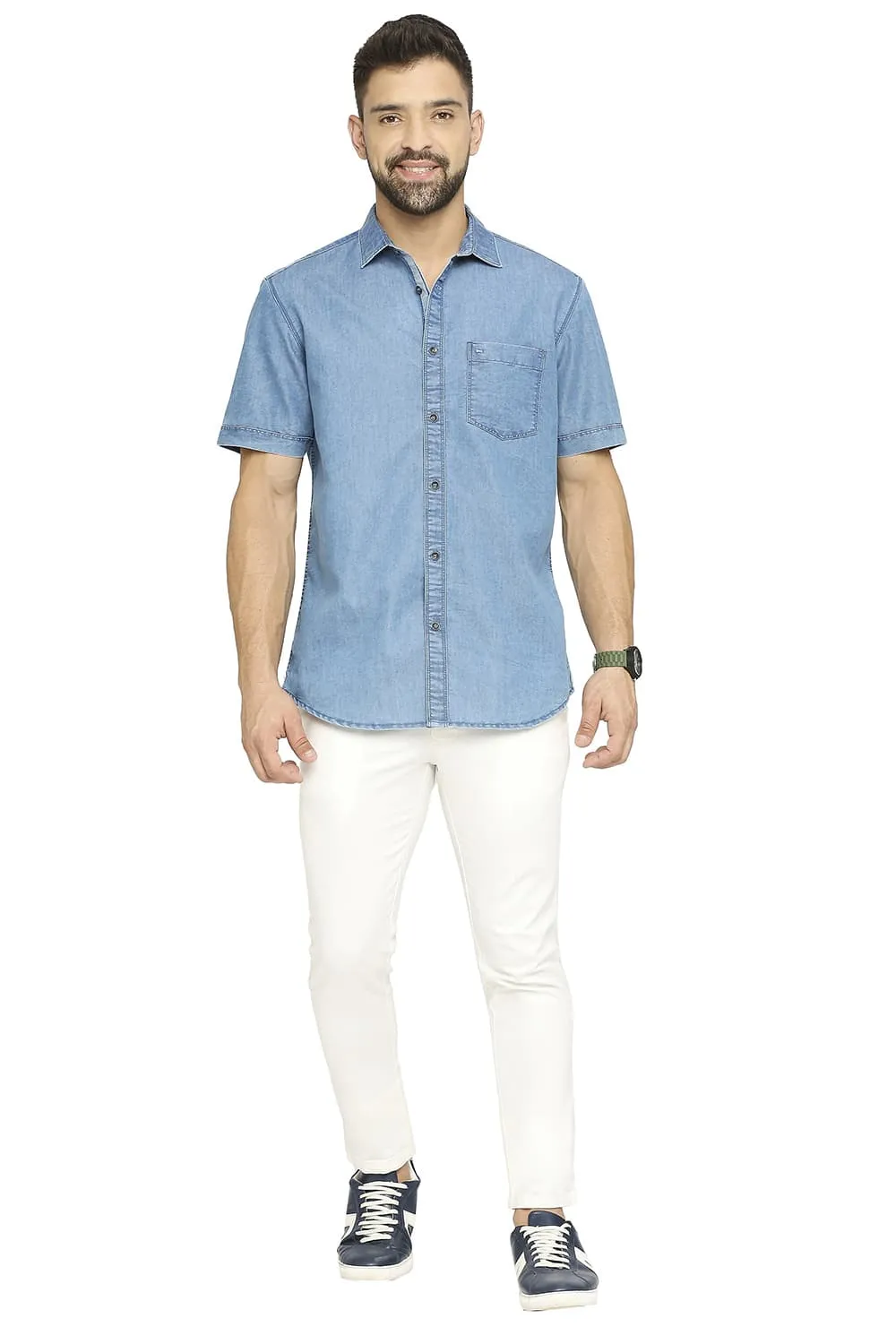 Cotton Polyester Indigo Halfsleeves Shirt