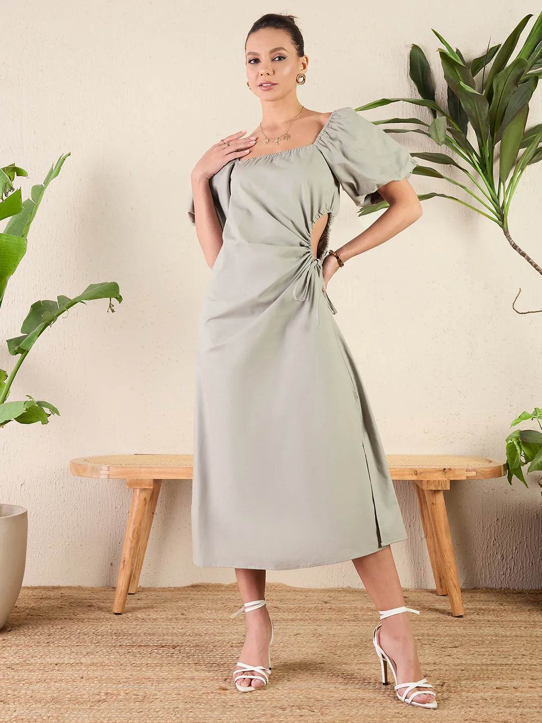 Cotton Poplin Side Cut-Out Midi Dress