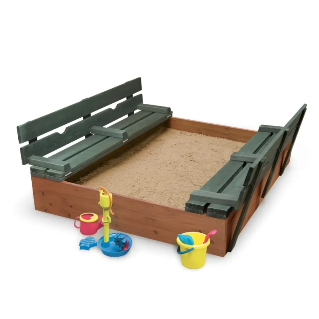 Covered Convertible Cedar Sandbox with Two Bench Seats - Natural/Green