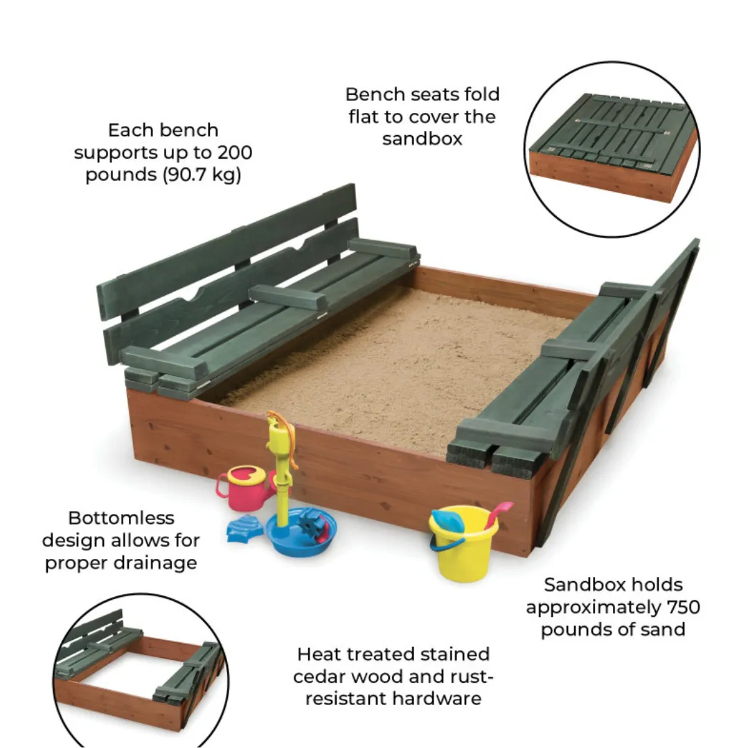 Covered Convertible Cedar Sandbox with Two Bench Seats - Natural/Green