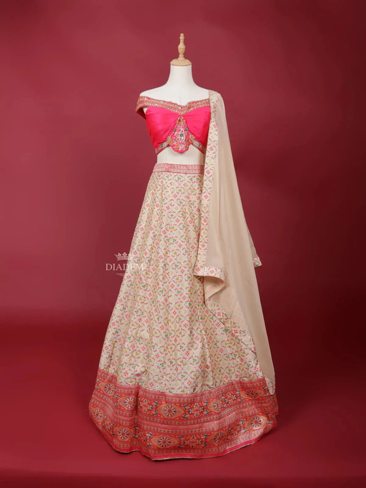 Cream Silk Lehenga Adorned with Floral Embroidery and Zariwork, paired with Dupatta