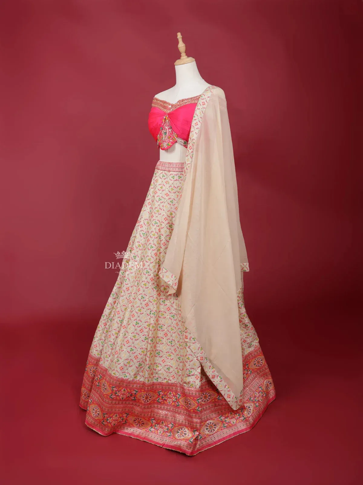 Cream Silk Lehenga Adorned with Floral Embroidery and Zariwork, paired with Dupatta