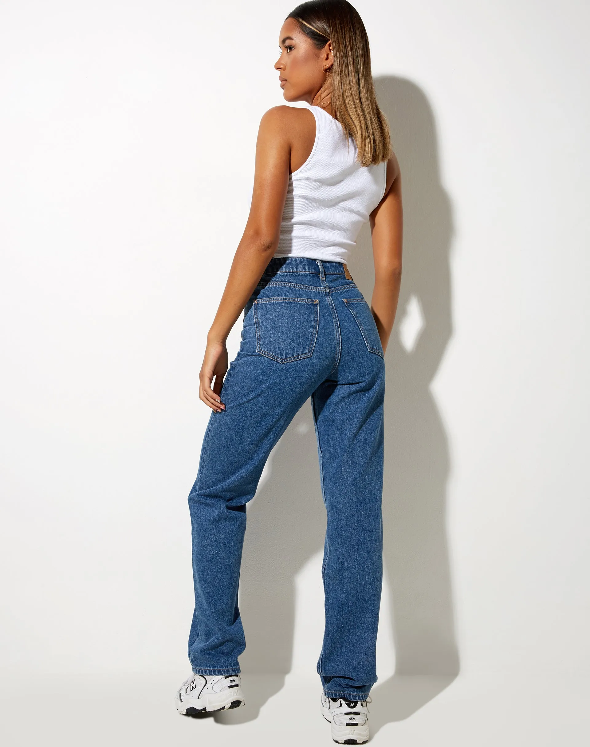 Cut Out Straight Leg Jean in Mid Wash